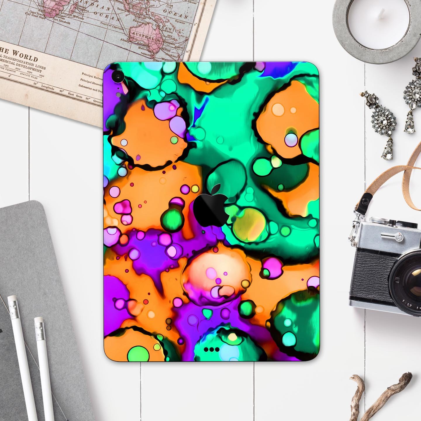 Blurred Abstract Flow V52 skin decal for Apple iPad, showcasing a vibrant abstract design with a smooth finish.