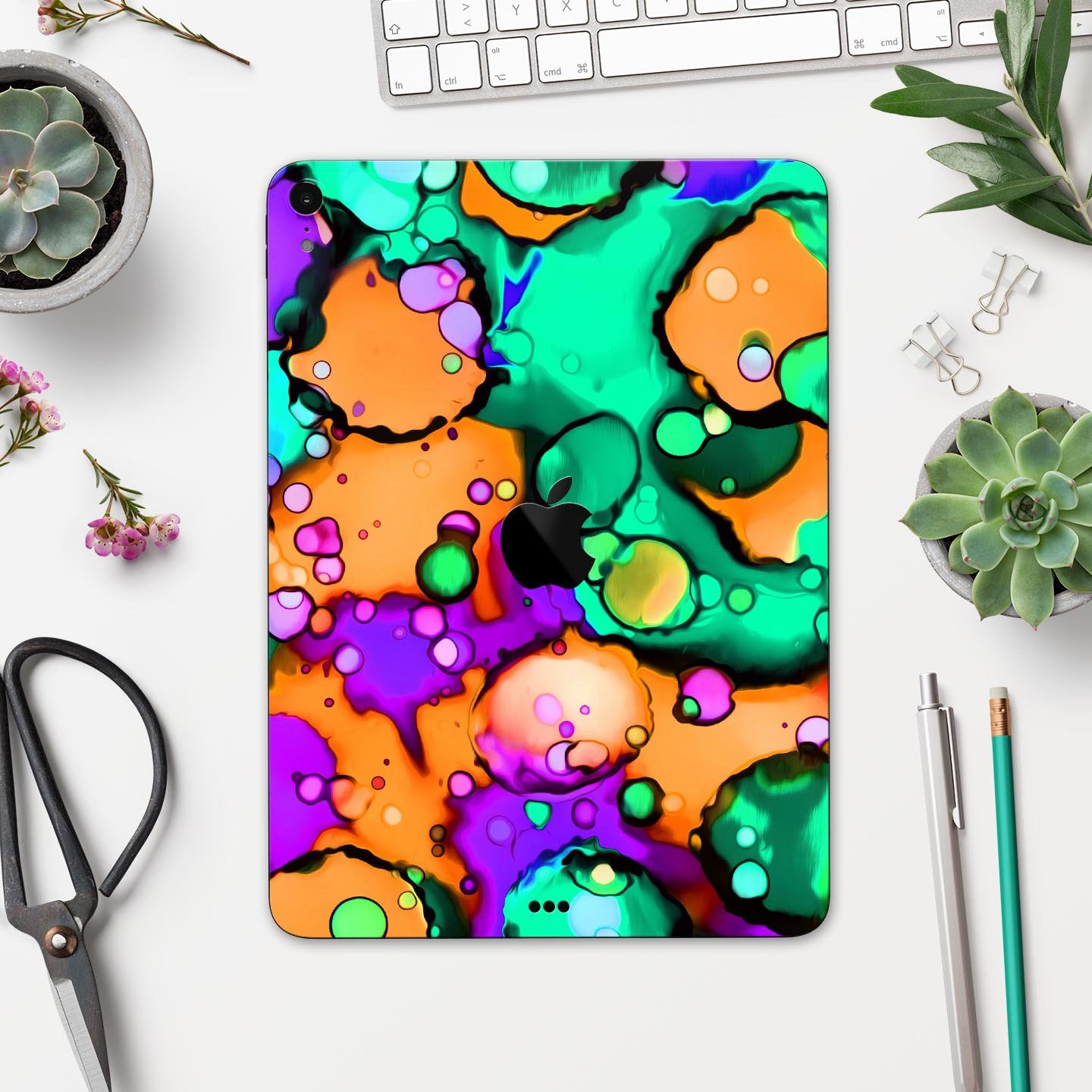 Blurred Abstract Flow V52 skin decal for Apple iPad, showcasing a vibrant abstract design with a smooth finish.