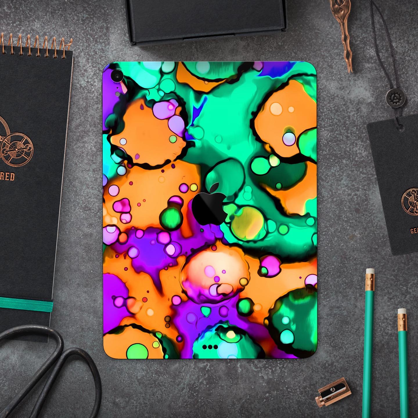 Blurred Abstract Flow V52 skin decal for Apple iPad, showcasing a vibrant abstract design with a smooth finish.