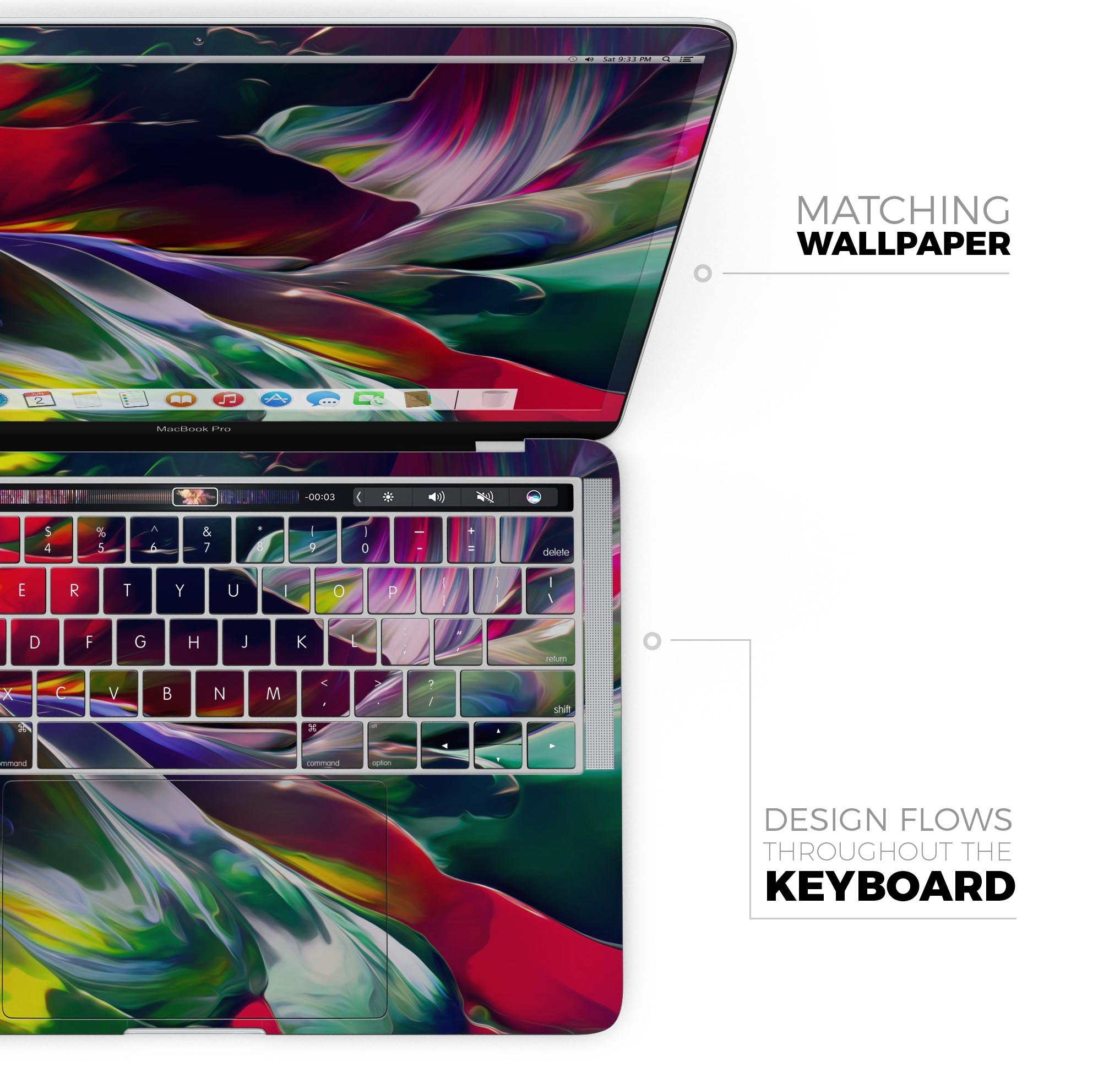 Blurred Abstract Flow V57 skin decal wrap kit for MacBook, showcasing vibrant colors and sleek design.