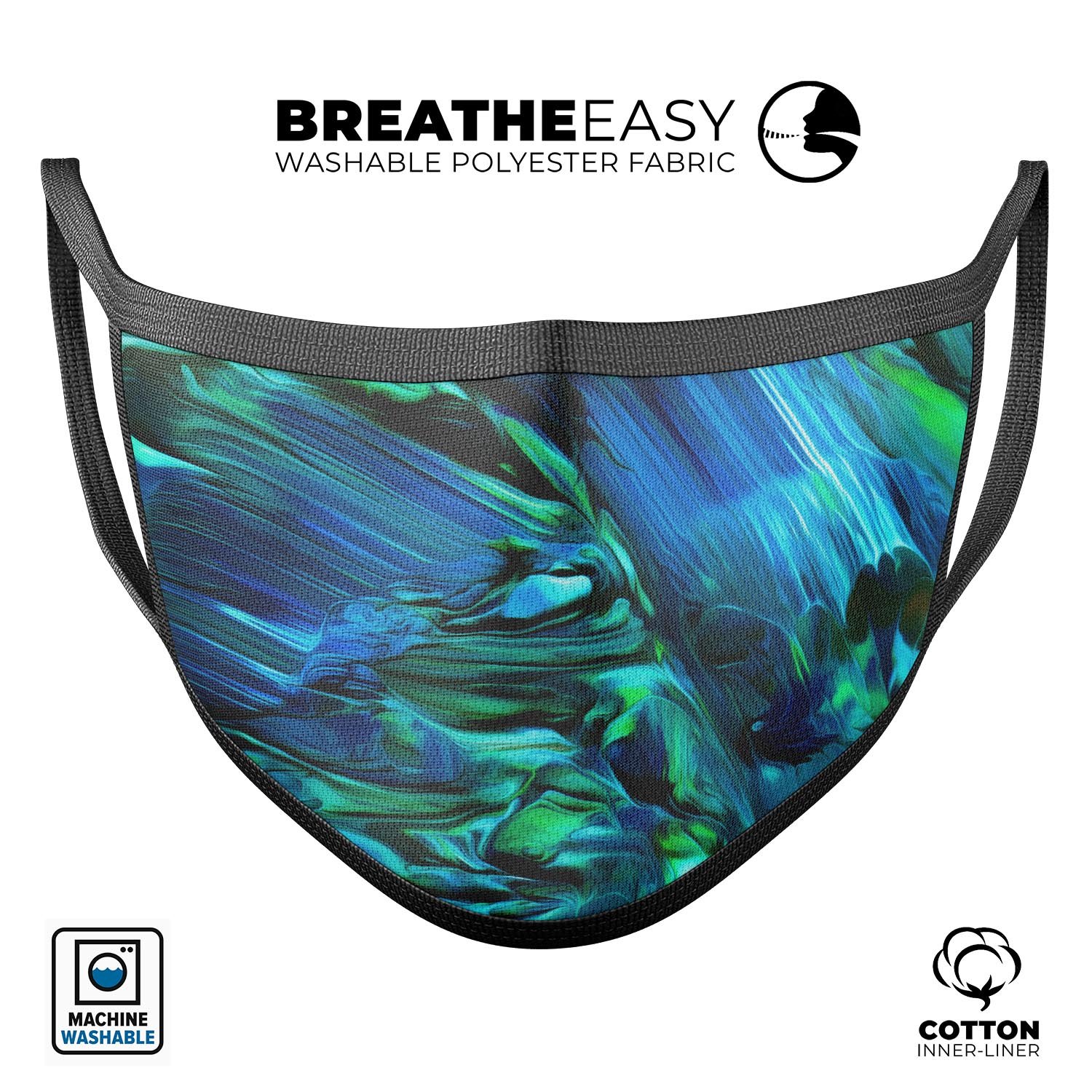 Blurred Abstract Flow V8 mouth cover, featuring a vibrant abstract design, made from soft cotton and memory foam for comfort.