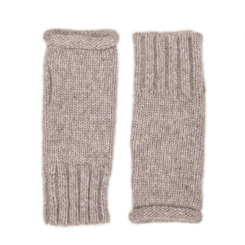 Blush Essential Knit Alpaca Gloves showcasing fingerless design and ribbed cuff, made from soft baby alpaca fiber.