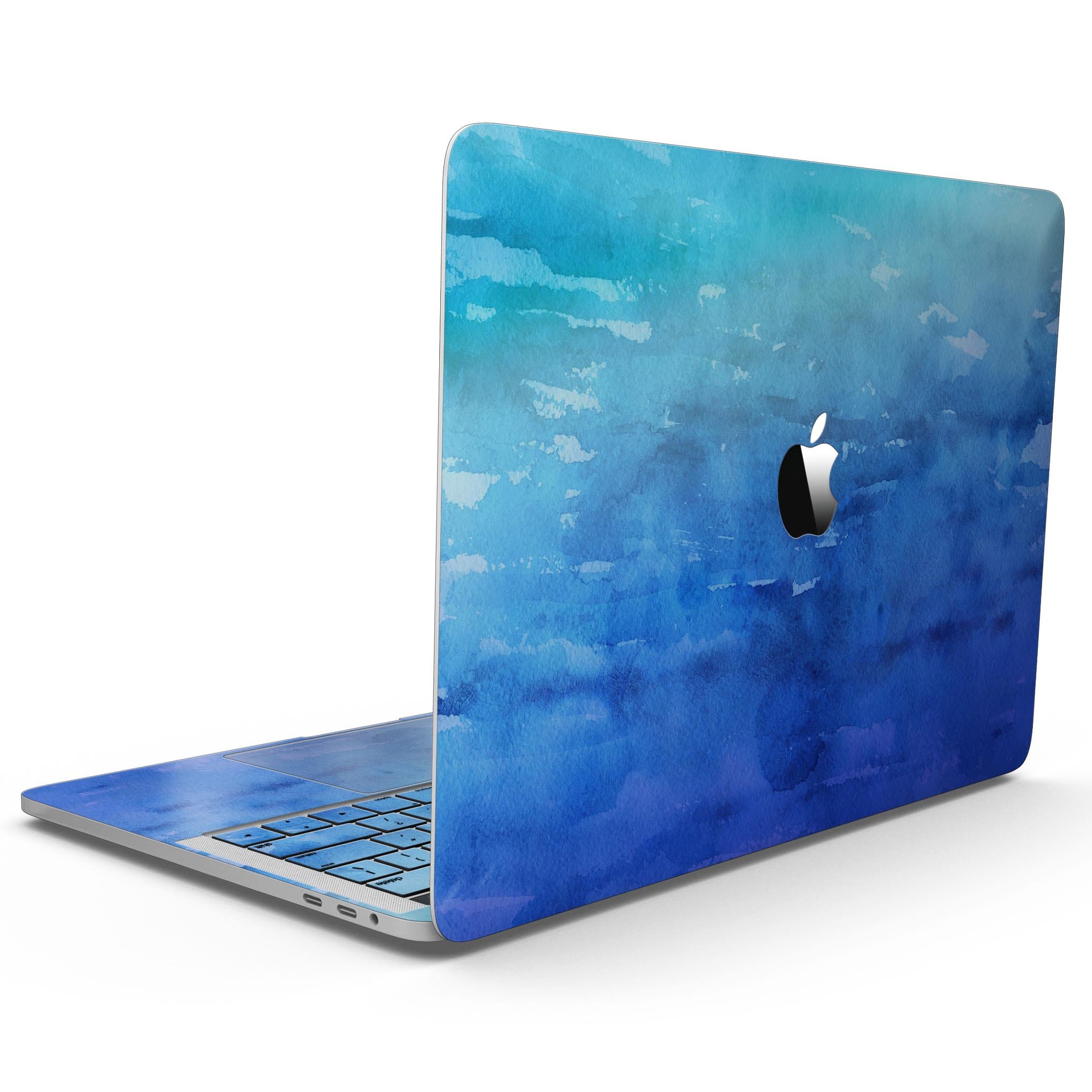 Blushed Blue 44 Absorbed Watercolor Texture skin for MacBook Pro, showcasing vibrant colors and a sleek design.