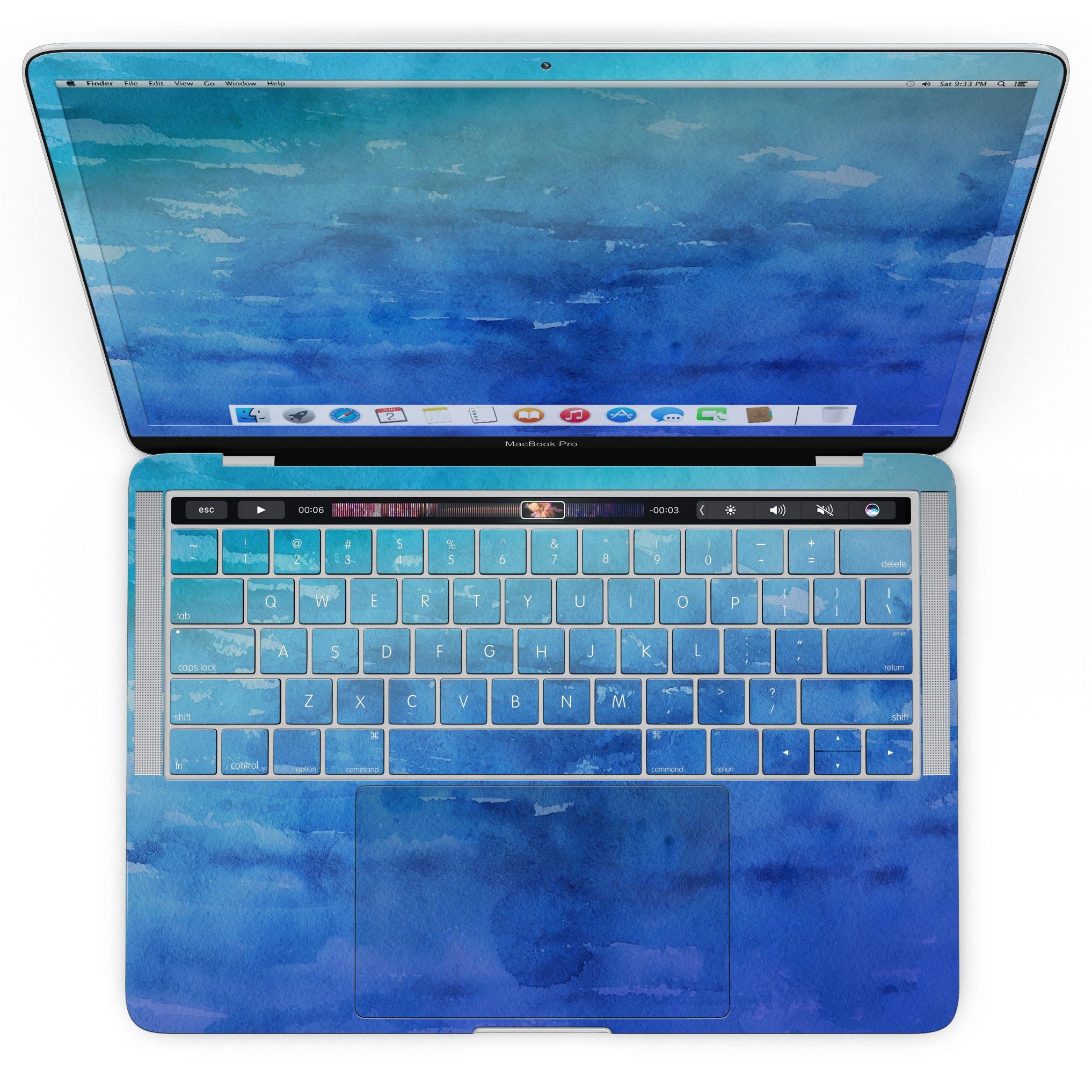 Blushed Blue 44 Absorbed Watercolor Texture skin for MacBook Pro, showcasing vibrant colors and a sleek design.