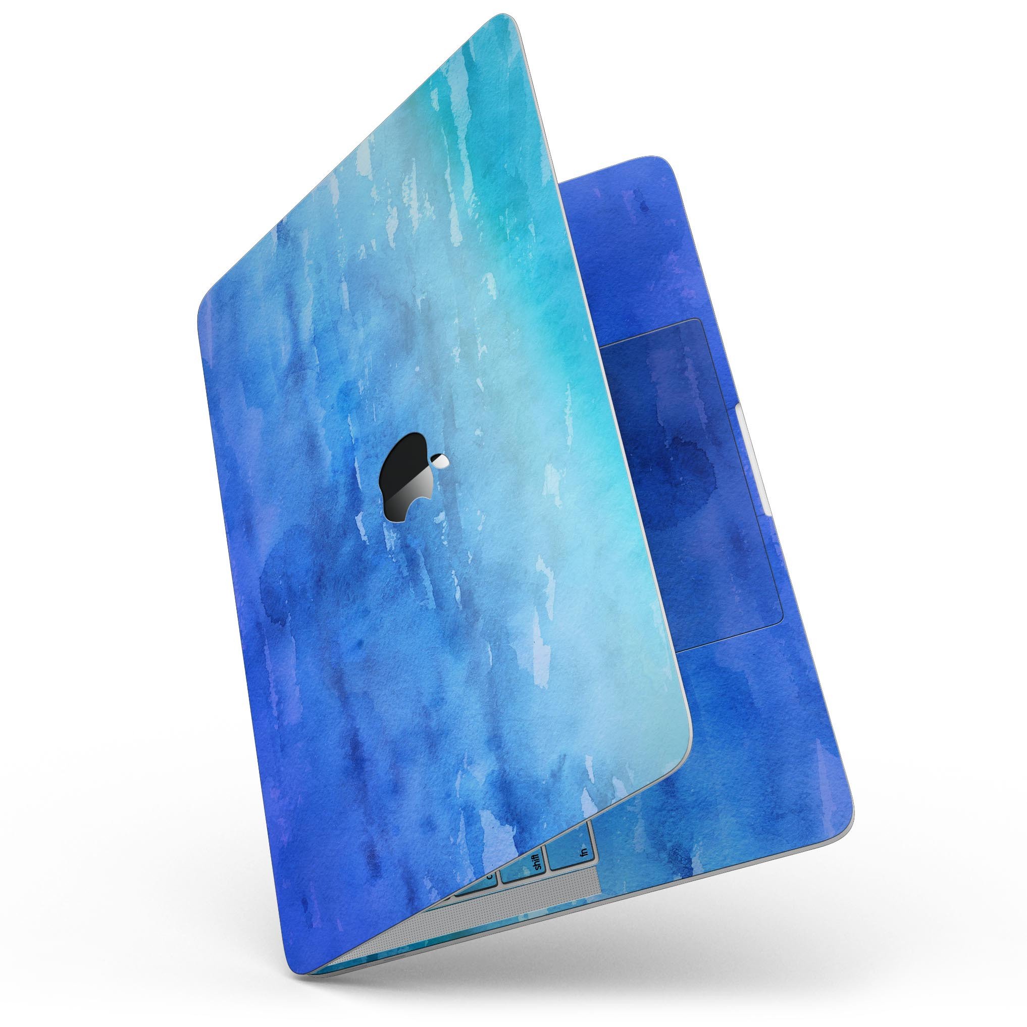 Blushed Blue 44 Absorbed Watercolor Texture skin for MacBook Pro, showcasing vibrant colors and a sleek design.