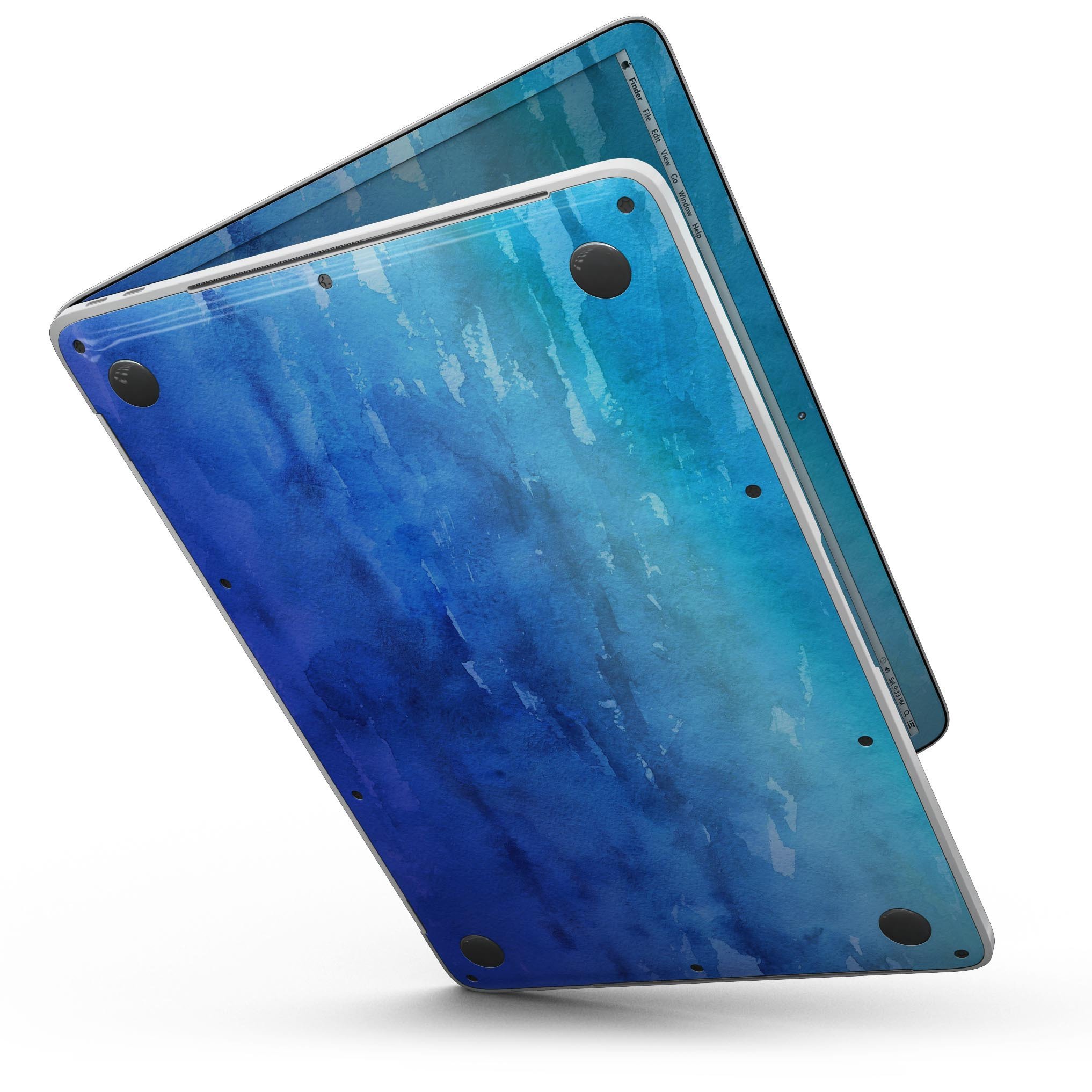 Blushed Blue 44 Absorbed Watercolor Texture skin for MacBook Pro, showcasing vibrant colors and a sleek design.