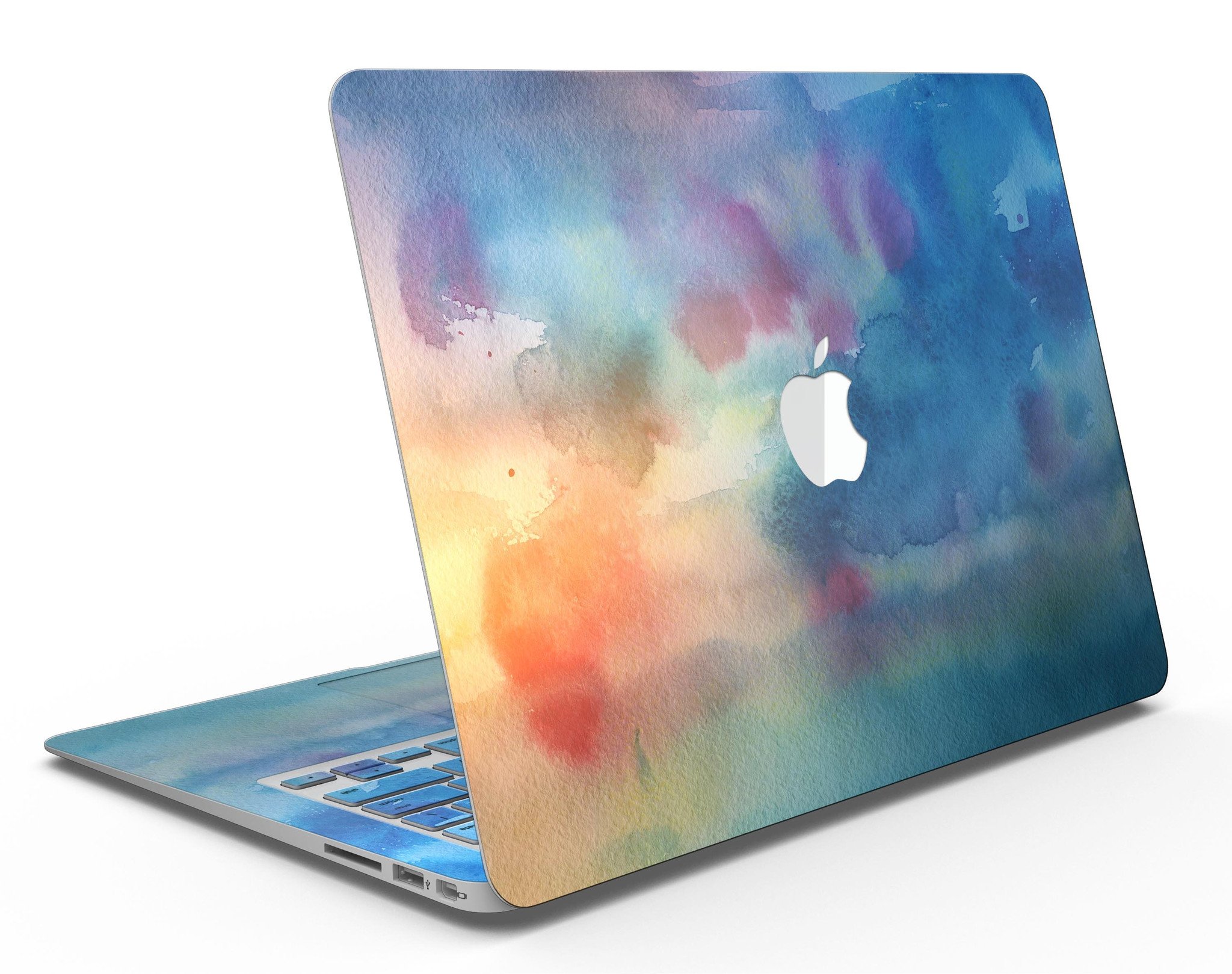 Blushed Blue 42 Absorbed Watercolor Texture skin applied to a MacBook Air, showcasing vibrant colors and a sleek design.