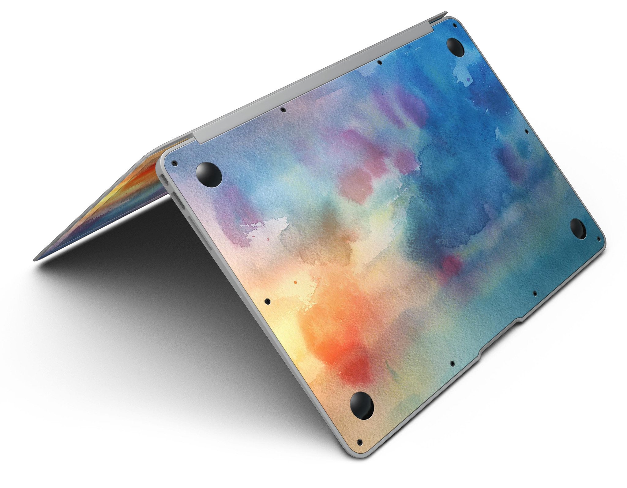 Blushed Blue 42 Absorbed Watercolor Texture skin applied to a MacBook Air, showcasing vibrant colors and a sleek design.