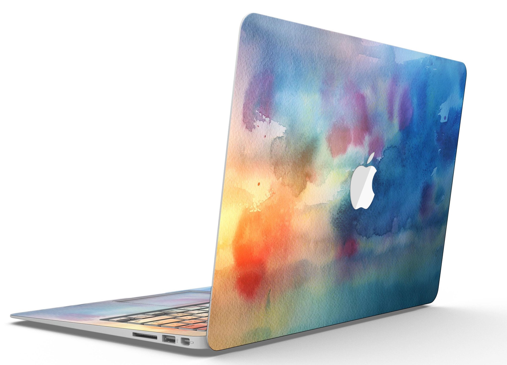 Blushed Blue 42 Absorbed Watercolor Texture skin applied to a MacBook Air, showcasing vibrant colors and a sleek design.