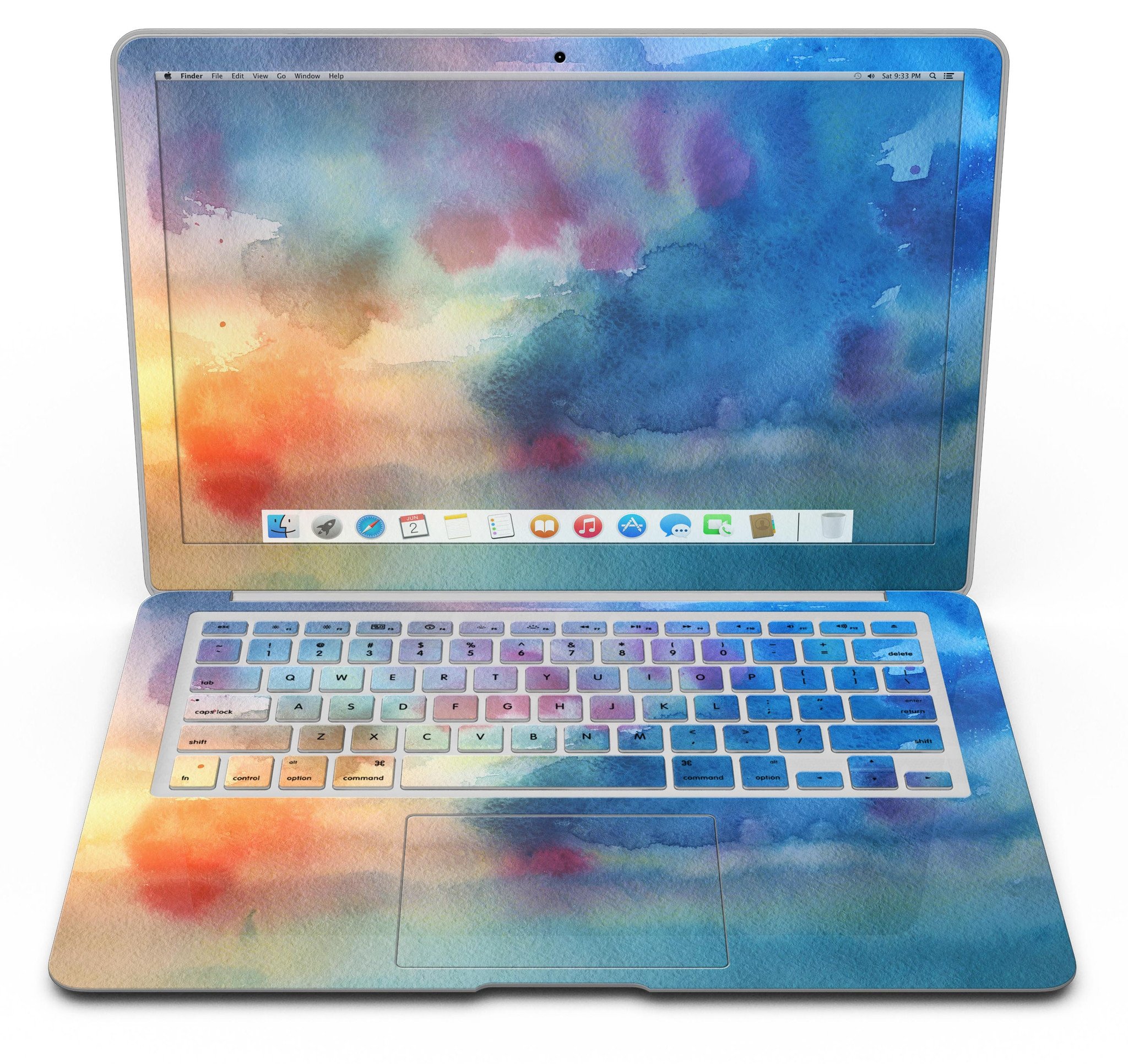 Blushed Blue 42 Absorbed Watercolor Texture skin applied to a MacBook Air, showcasing vibrant colors and a sleek design.