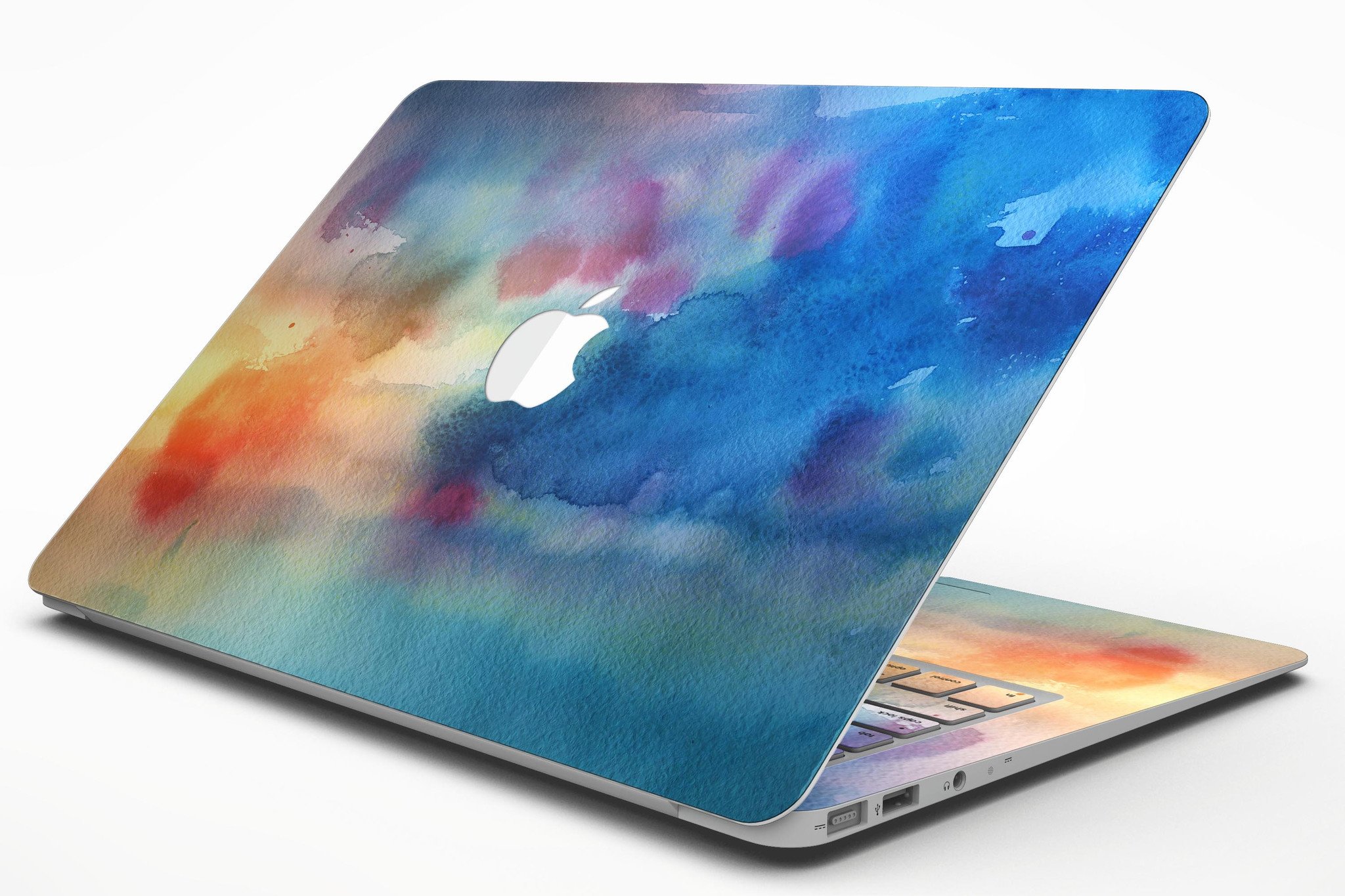 Blushed Blue 42 Absorbed Watercolor Texture skin applied to a MacBook Air, showcasing vibrant colors and a sleek design.