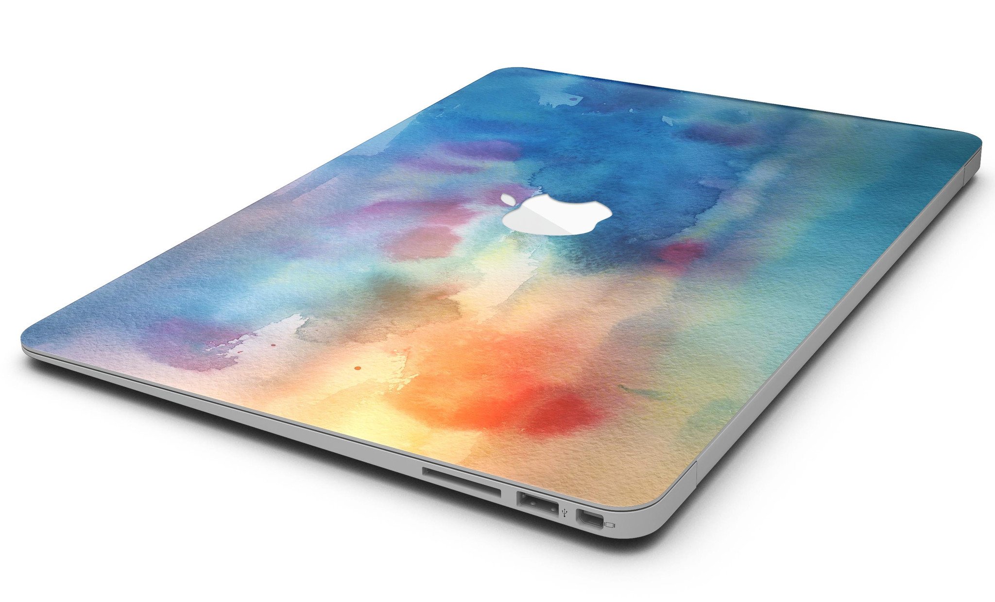 Blushed Blue 42 Absorbed Watercolor Texture skin applied to a MacBook Air, showcasing vibrant colors and a sleek design.