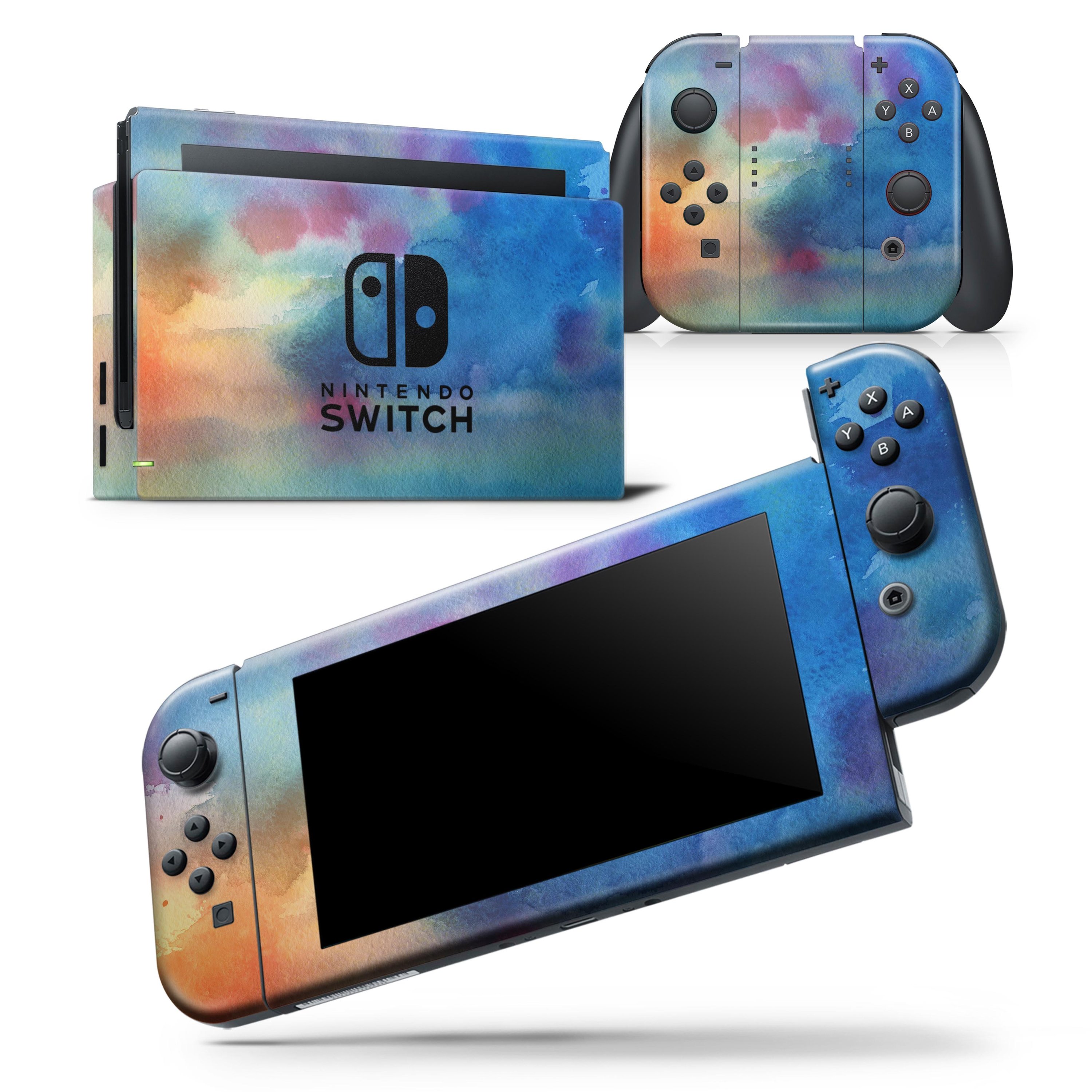 Blushed Blue 42 Absorbed Watercolor Texture Skin Wrap Decal for Nintendo Switch, showcasing a vibrant watercolor design.