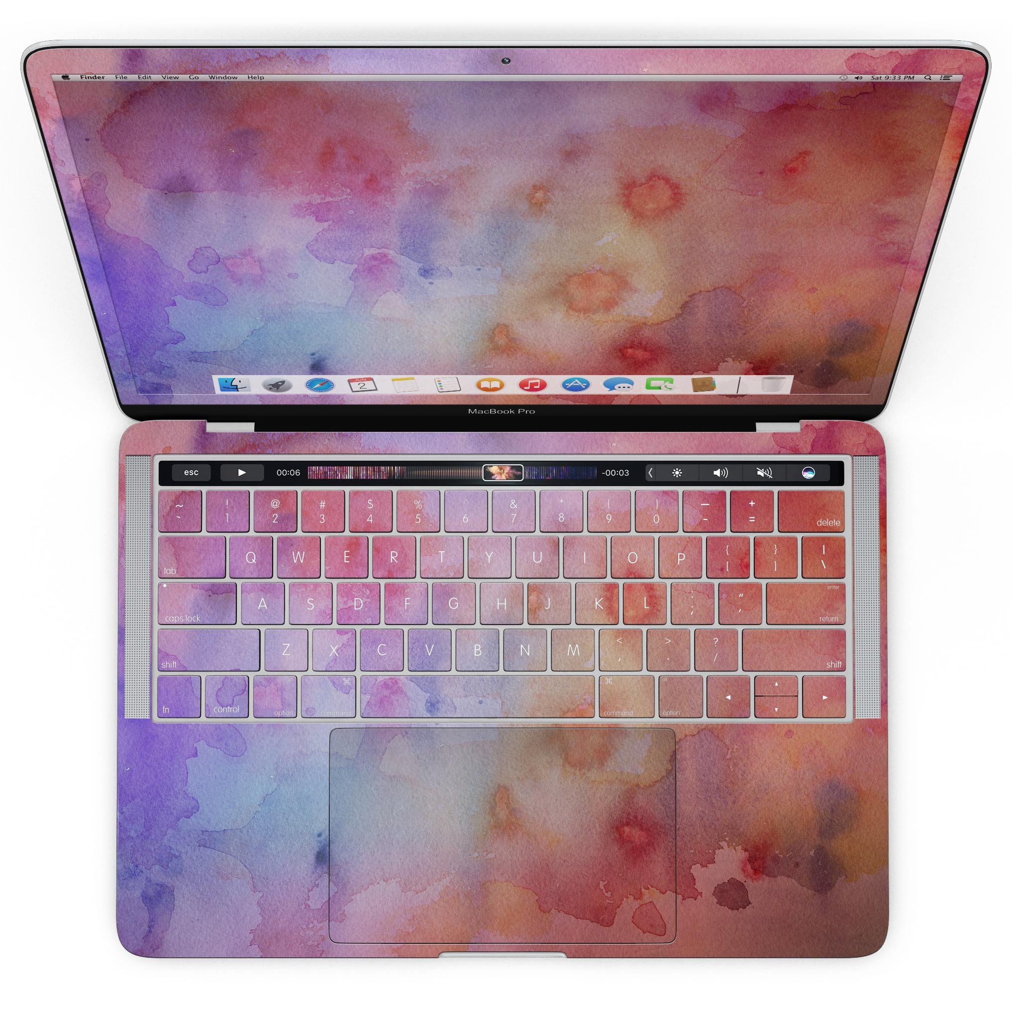 Blushed Blue 4224 Absorbed Watercolor Texture skin applied to a MacBook Pro with Touch Bar, showcasing vibrant colors and sleek design.