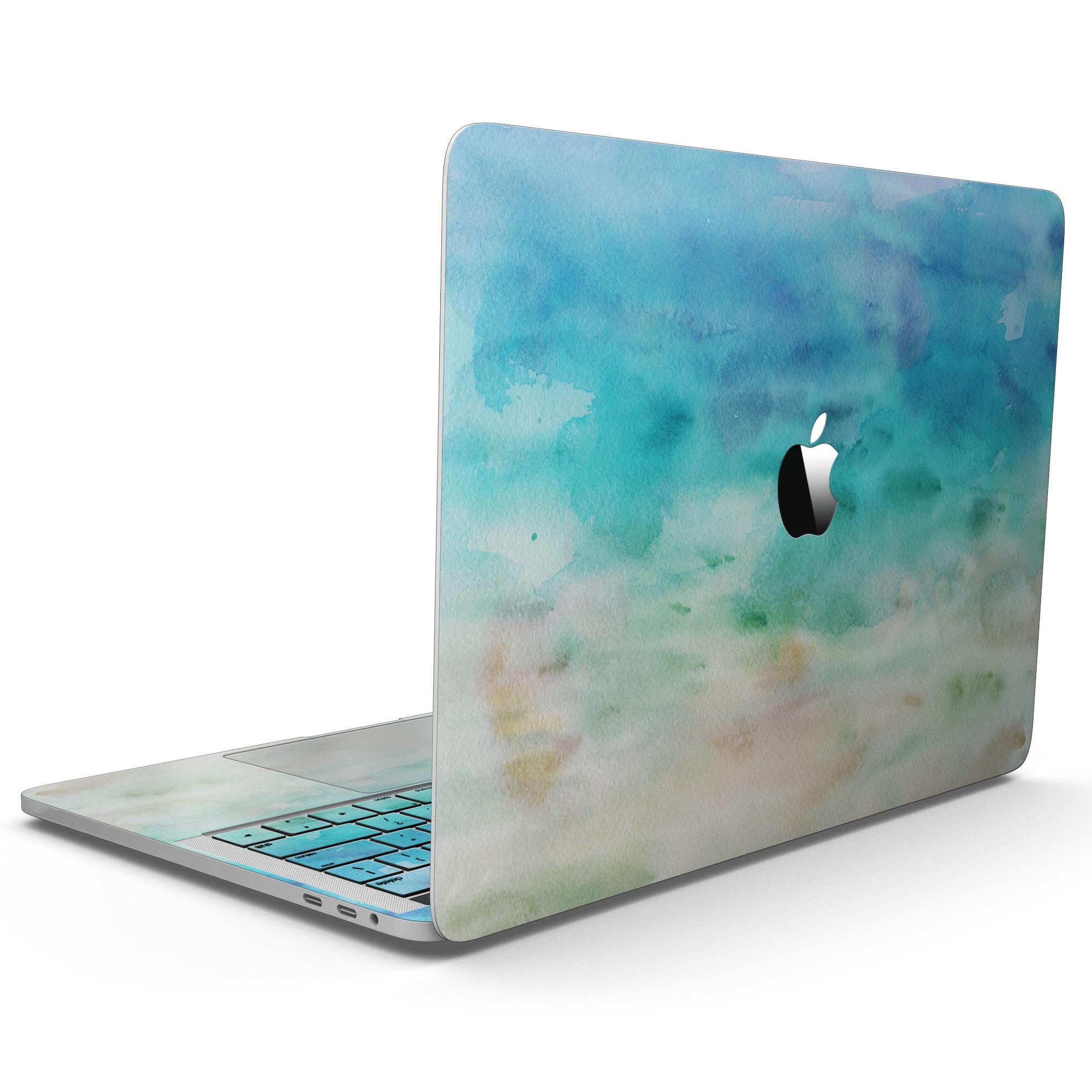 Blushed Mint 32 Absorbed Watercolor Texture skin applied to a MacBook Pro with Touch Bar, showcasing its vibrant design and sleek finish.