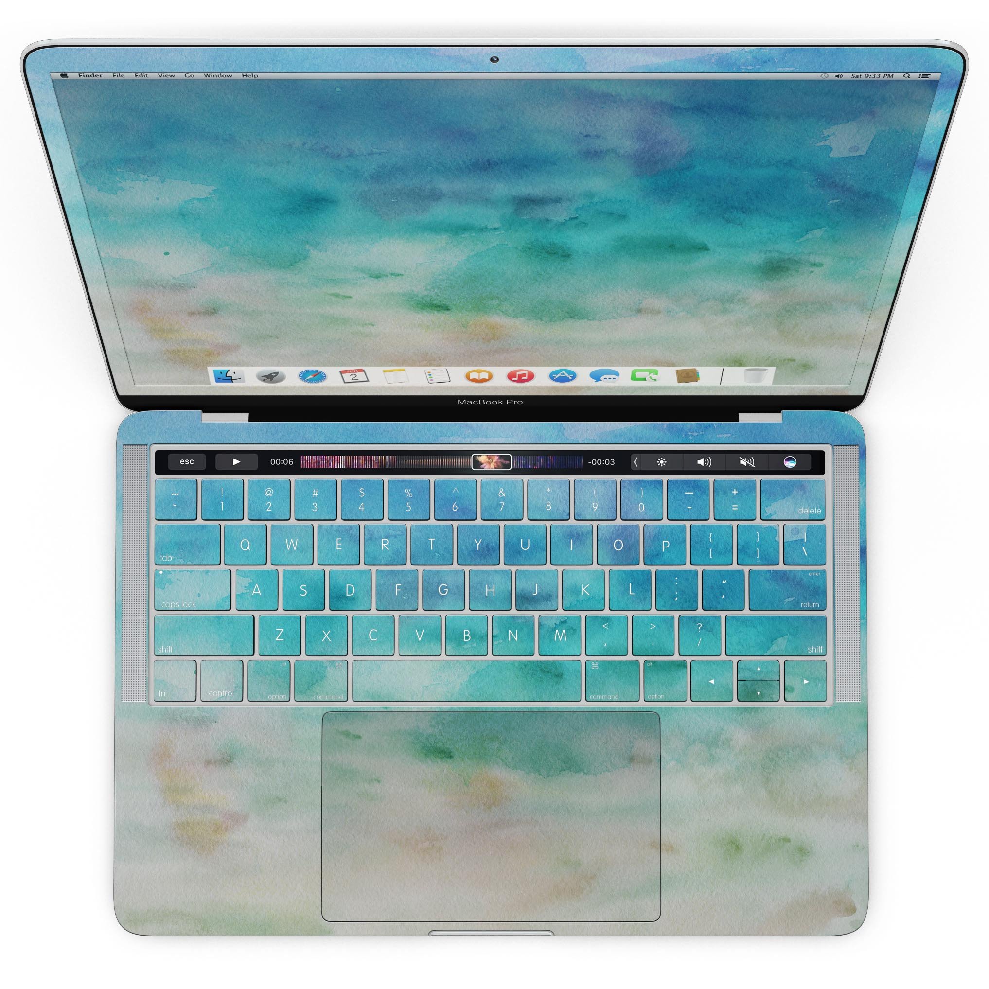 Blushed Mint 32 Absorbed Watercolor Texture skin applied to a MacBook Pro with Touch Bar, showcasing its vibrant design and sleek finish.