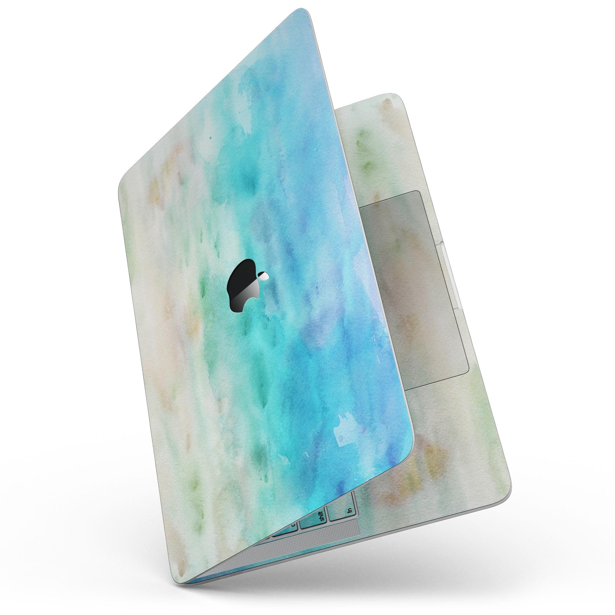 Blushed Mint 32 Absorbed Watercolor Texture skin applied to a MacBook Pro with Touch Bar, showcasing its vibrant design and sleek finish.