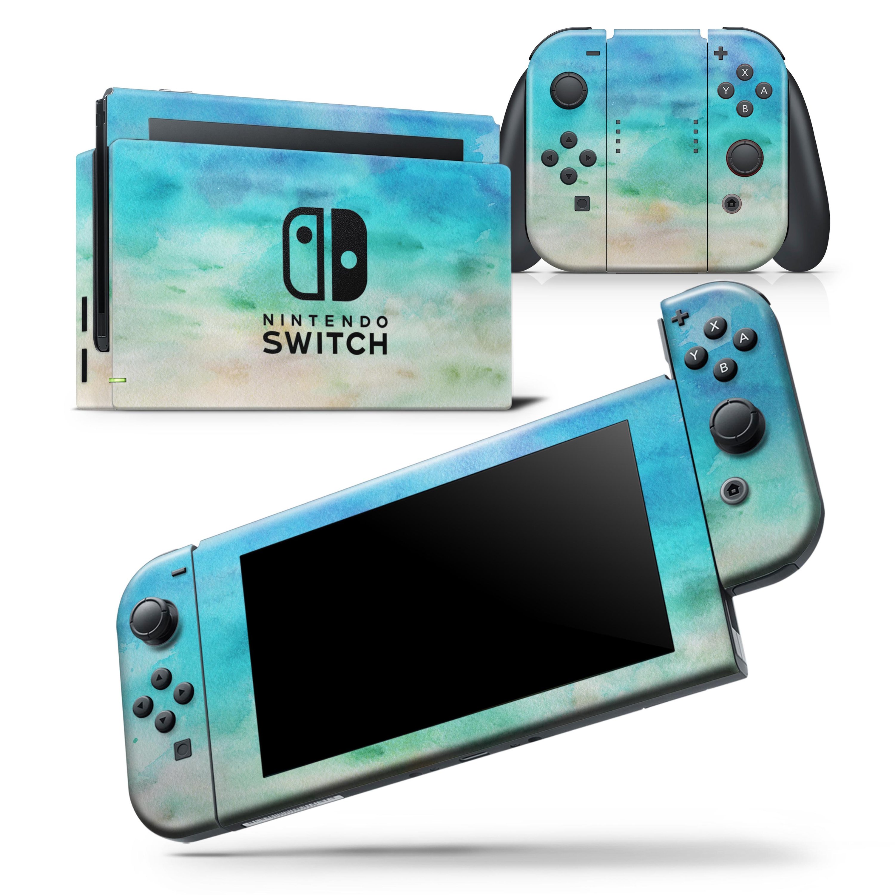 Blushed Mint 32 Absorbed Watercolor Texture Skin Wrap Decal for Nintendo Switch, showcasing a vibrant watercolor design.