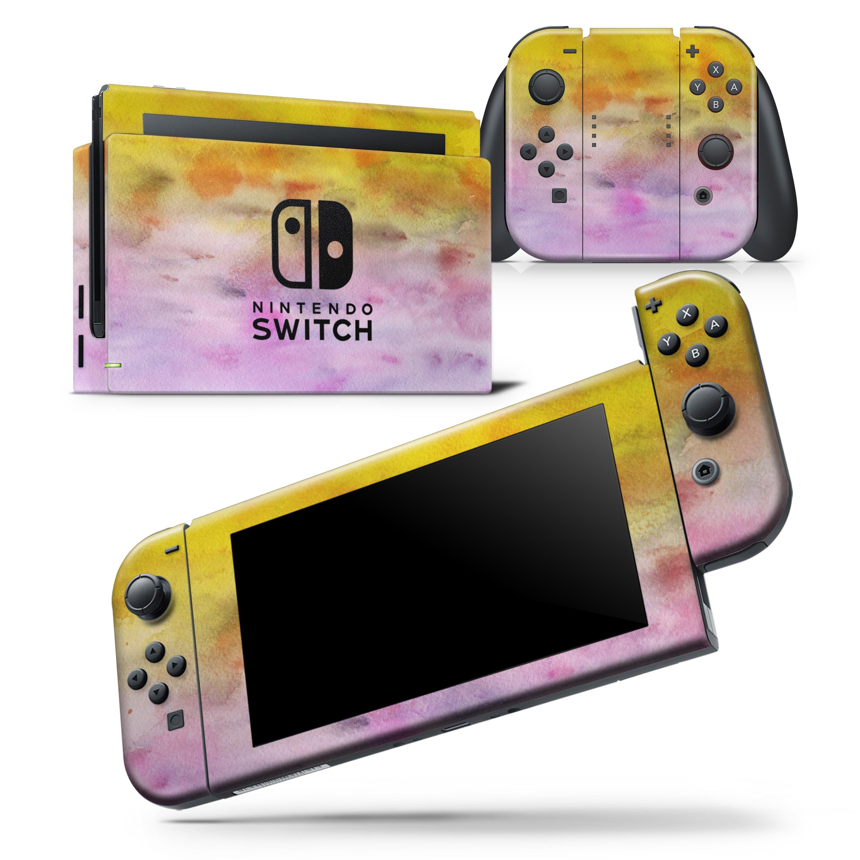 Blushed Pink Watercolor Skin Wrap Decal for Nintendo Switch, showcasing a vibrant design that fits snugly on the console and controllers.