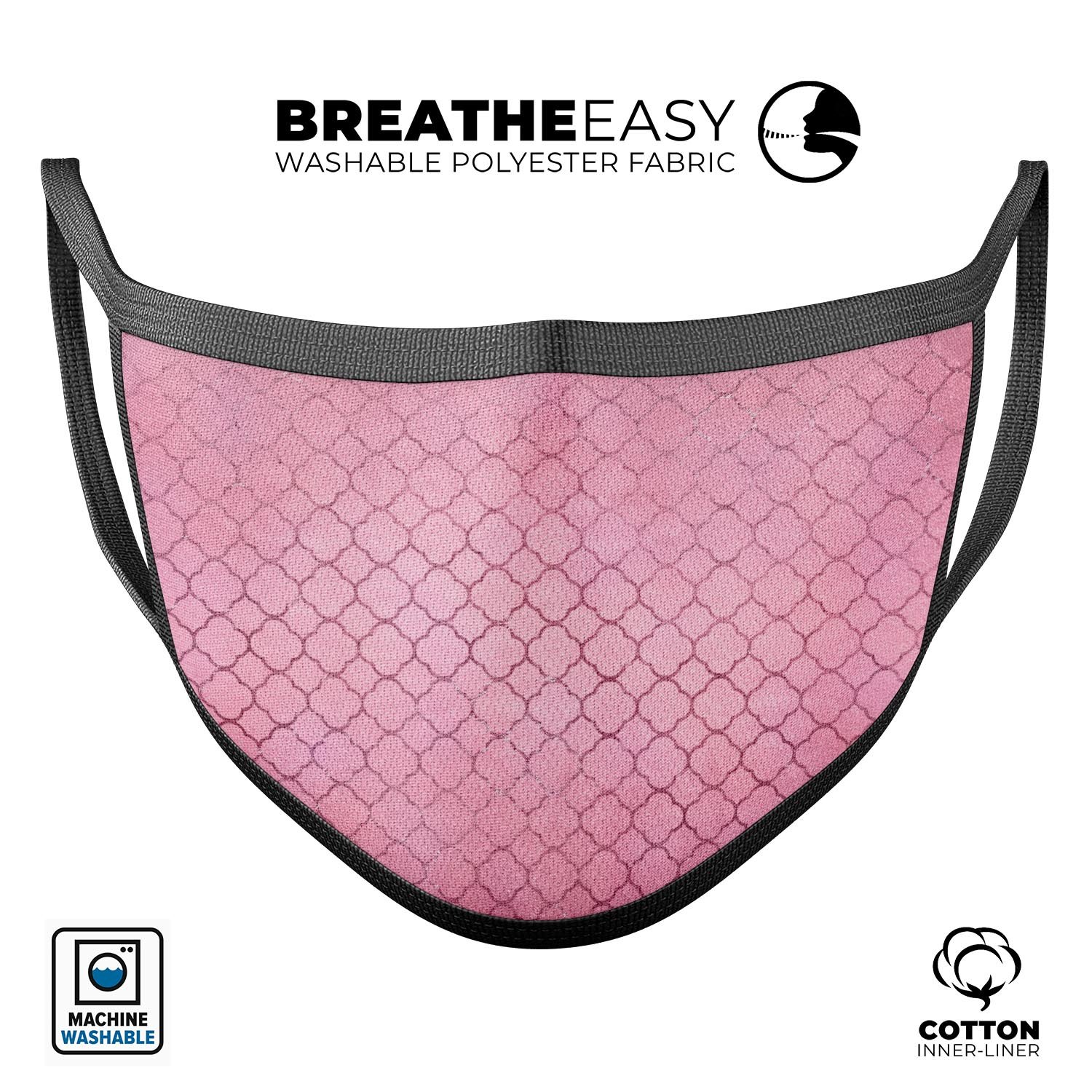 Blushed Pink Moroccan Pattern mouth cover, showcasing a vibrant design with adjustable ear loops, made from soft cotton for comfort.