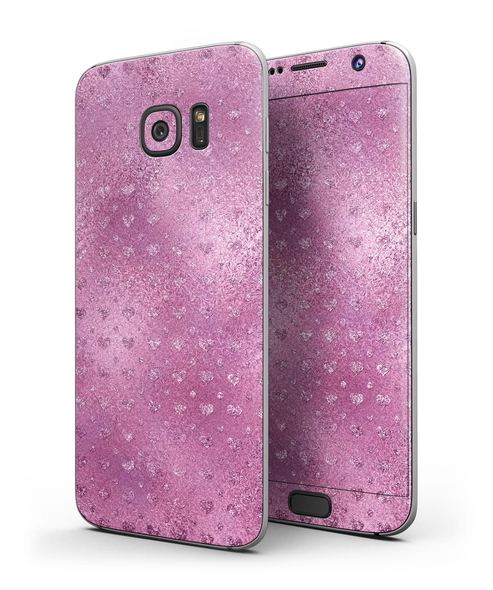 Blushed pink full body skin kit for Samsung Galaxy S7/S7 Edge featuring mini glitter hearts, showcasing its stylish design and premium quality.