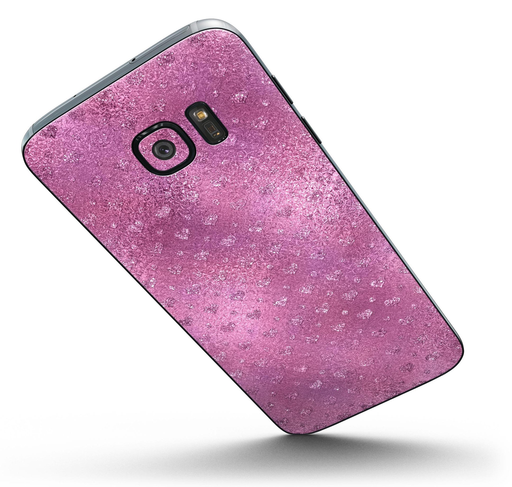 Blushed pink full body skin kit for Samsung Galaxy S7/S7 Edge featuring mini glitter hearts, showcasing its stylish design and premium quality.