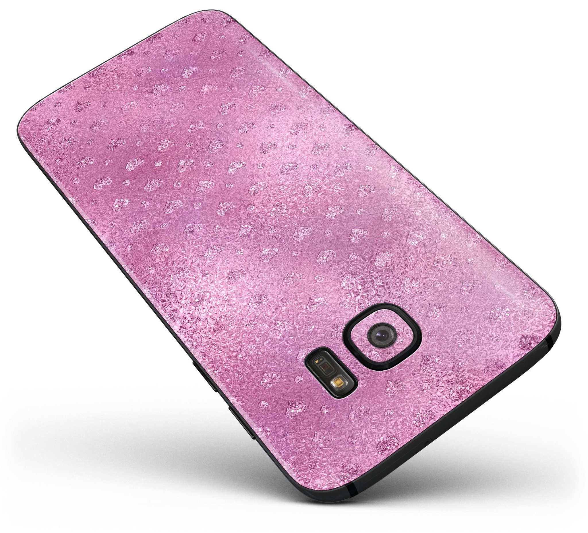 Blushed pink full body skin kit for Samsung Galaxy S7/S7 Edge featuring mini glitter hearts, showcasing its stylish design and premium quality.