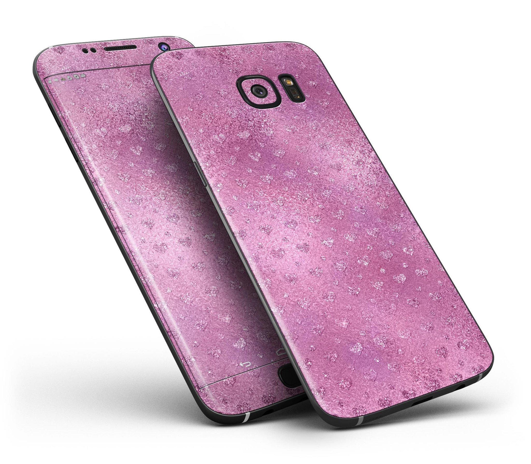 Blushed pink full body skin kit for Samsung Galaxy S7/S7 Edge featuring mini glitter hearts, showcasing its stylish design and premium quality.