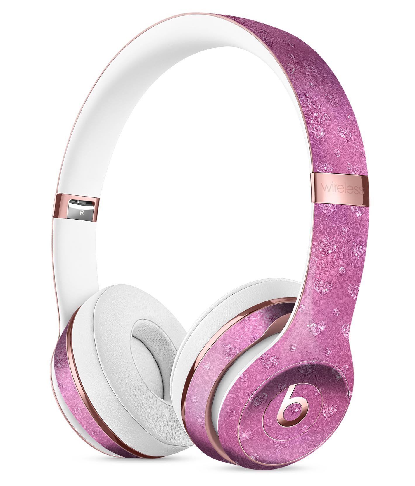 Blushed pink full-body skin kit with mini glitter hearts for Beats by Dre Solo 3 Wireless Headphones, showcasing stylish design and durable protection.