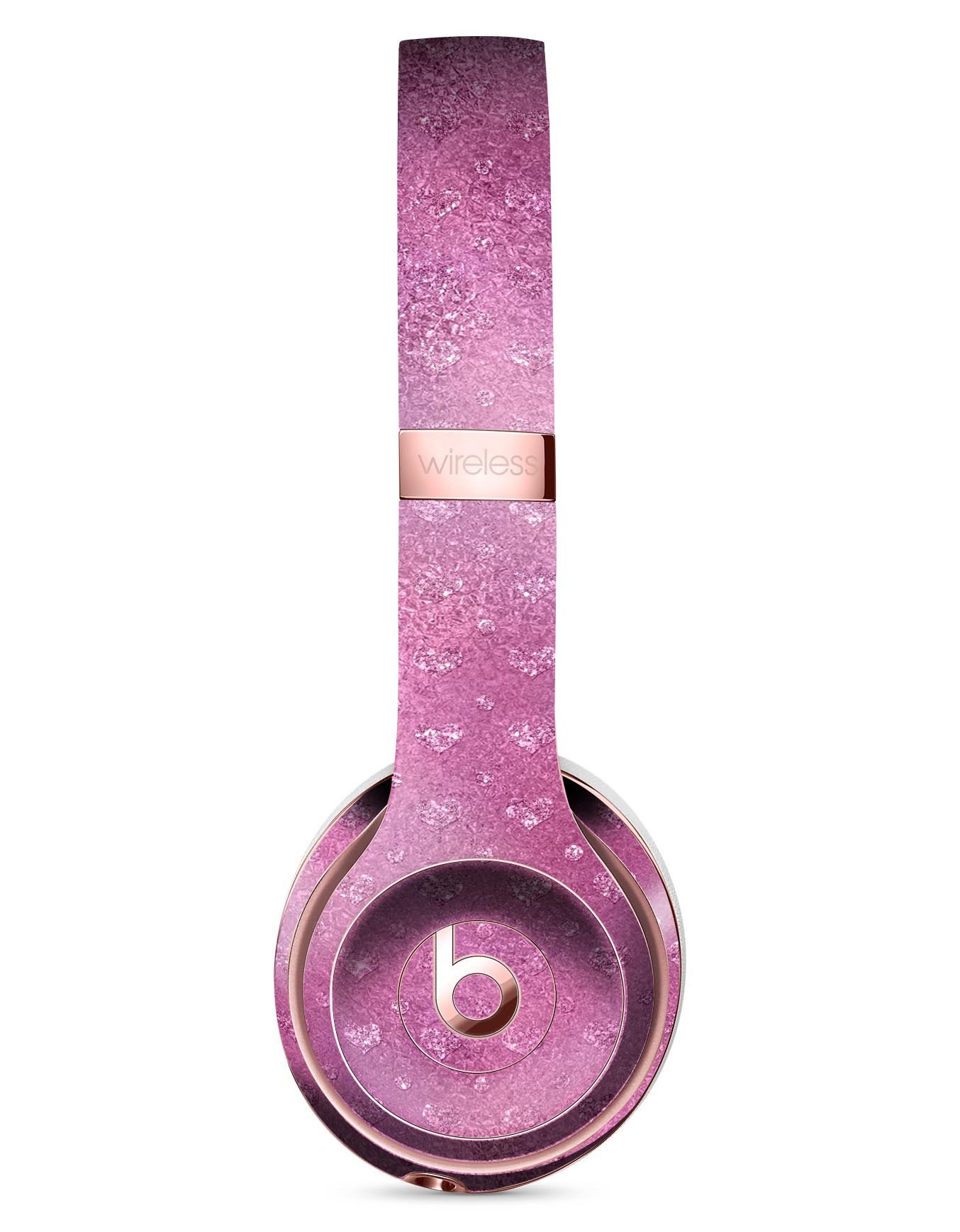 Blushed pink full-body skin kit with mini glitter hearts for Beats by Dre Solo 3 Wireless Headphones, showcasing stylish design and durable protection.