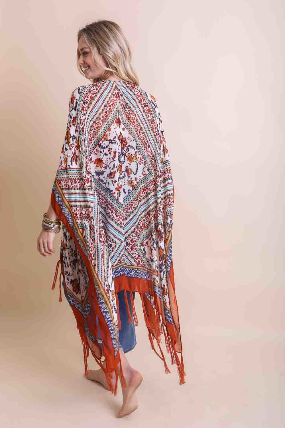 A colorful Bohemian Diamond Tassel Kimono featuring a diamond pattern and tassels, perfect for spring and summer wear.