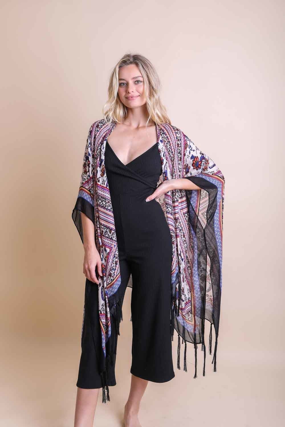 A colorful Bohemian Diamond Tassel Kimono featuring a diamond pattern and tassels, perfect for spring and summer wear.