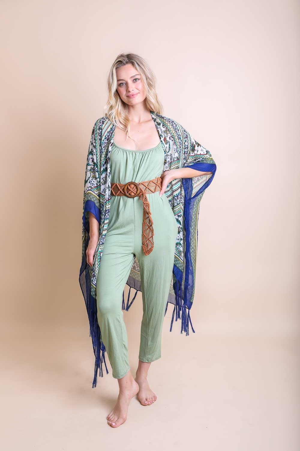 A colorful Bohemian Diamond Tassel Kimono featuring a diamond pattern and tassels, perfect for spring and summer wear.