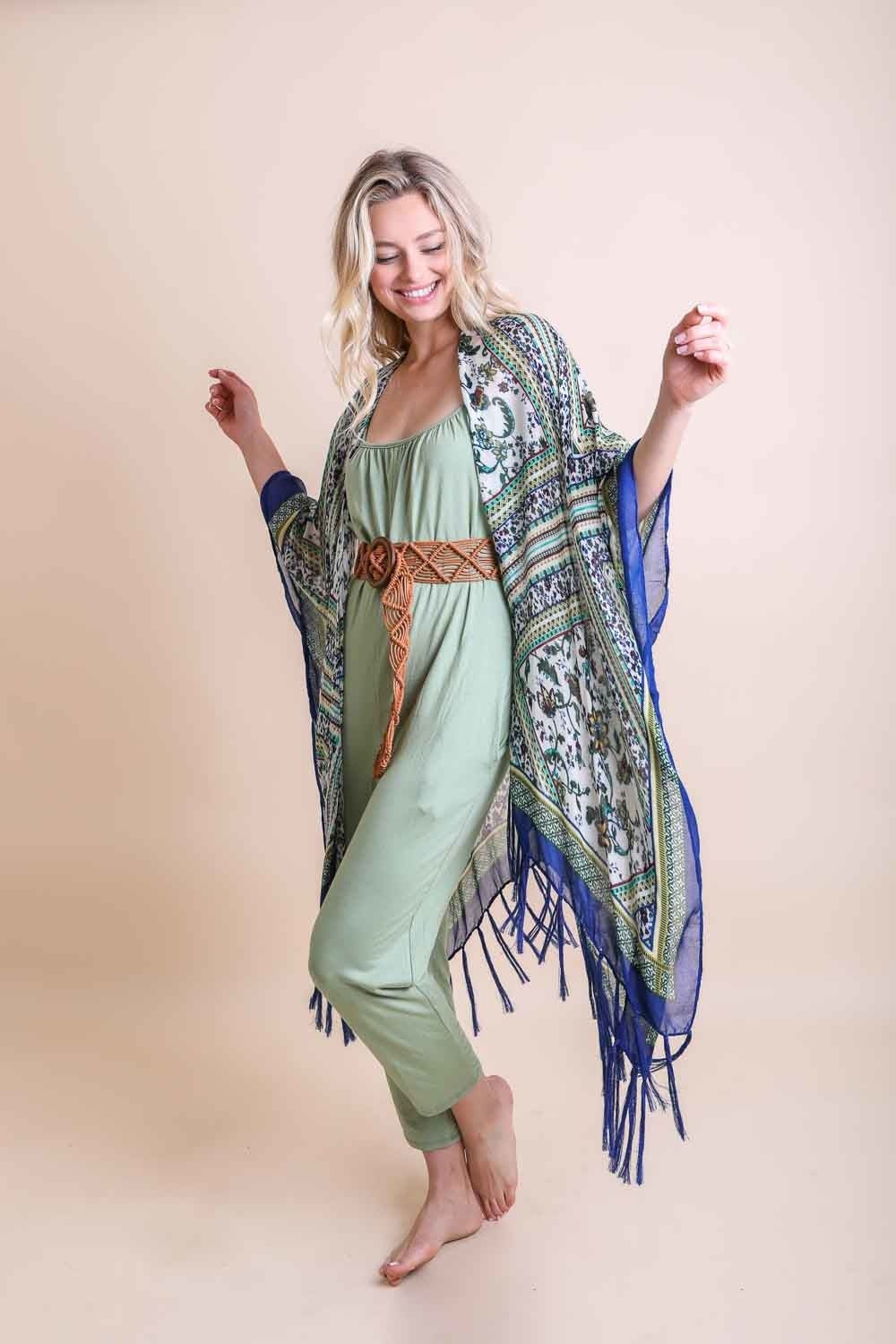 A colorful Bohemian Diamond Tassel Kimono featuring a diamond pattern and tassels, perfect for spring and summer wear.