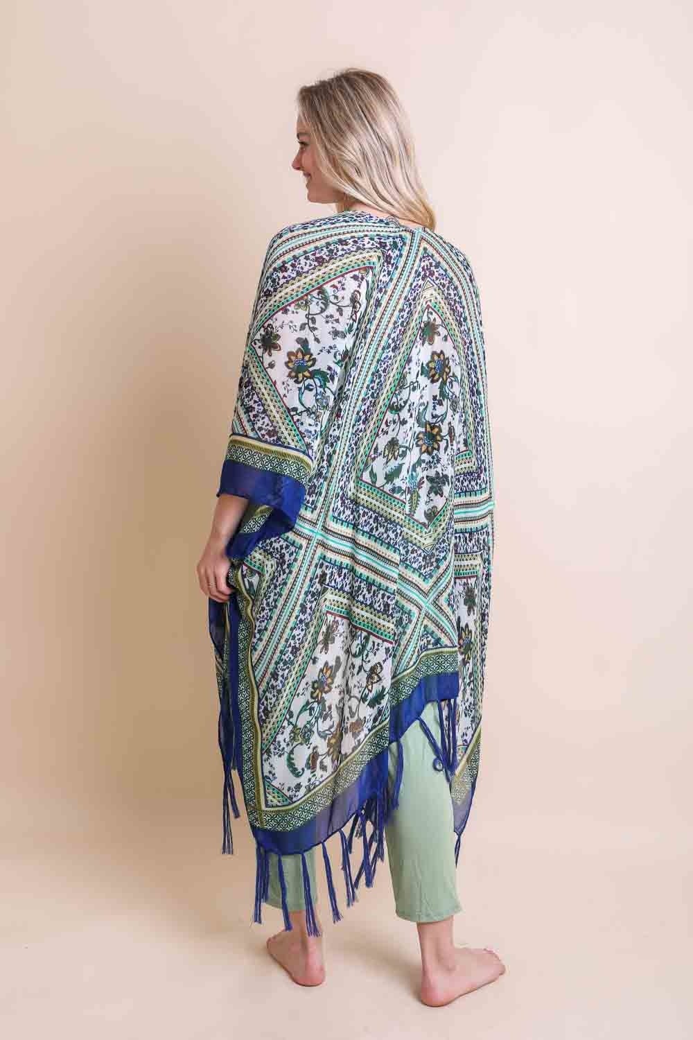 A colorful Bohemian Diamond Tassel Kimono featuring a diamond pattern and tassels, perfect for spring and summer wear.