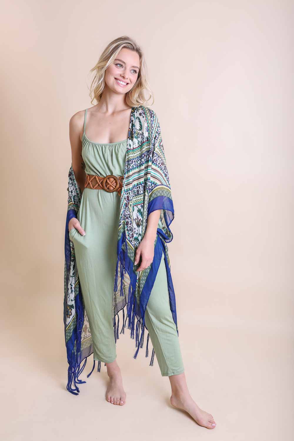 A colorful Bohemian Diamond Tassel Kimono featuring a diamond pattern and tassels, perfect for spring and summer wear.