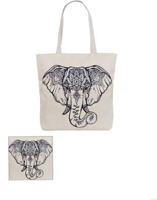 A stylish Boho Cotton Tote featuring an elephant design, with a zipper closure and a protective liner, perfect for shopping or beach outings.