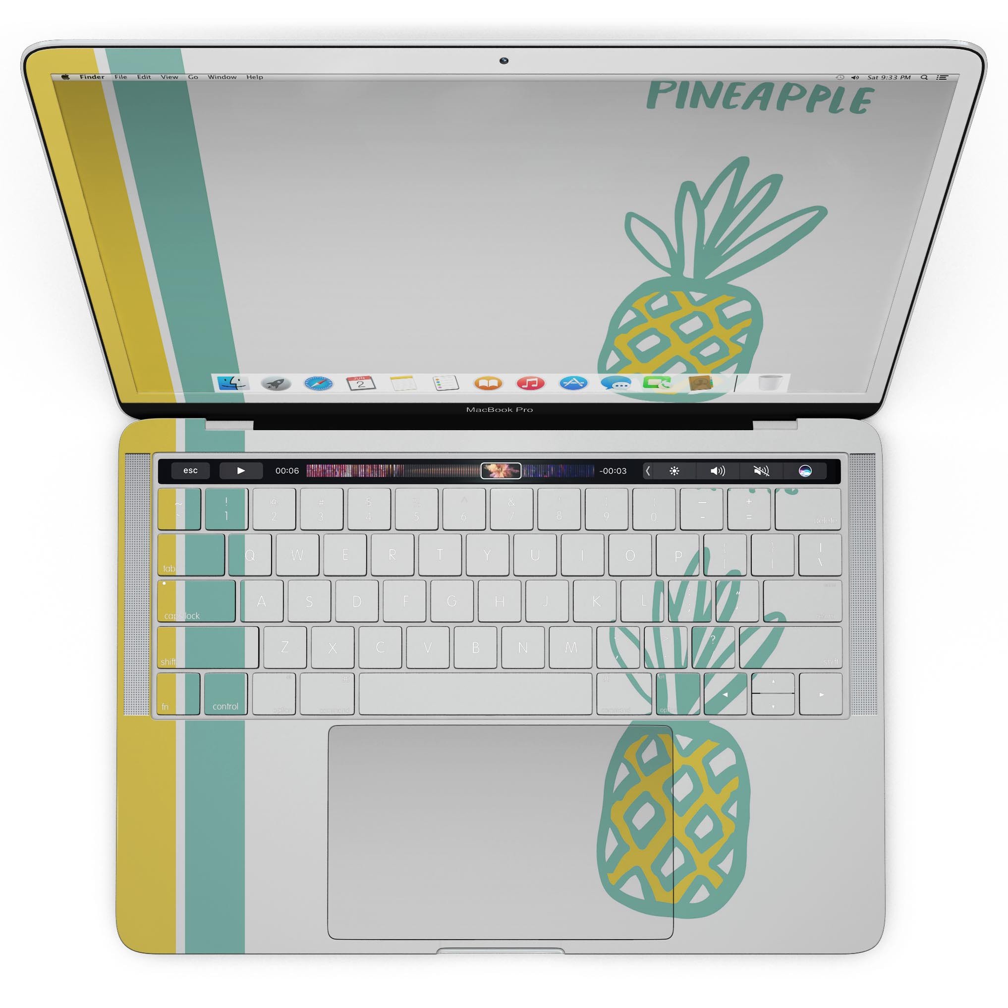 Bold Mint Pineapple skin kit for MacBook Pro with Touch Bar, showcasing vibrant mint and pineapple design on premium vinyl.