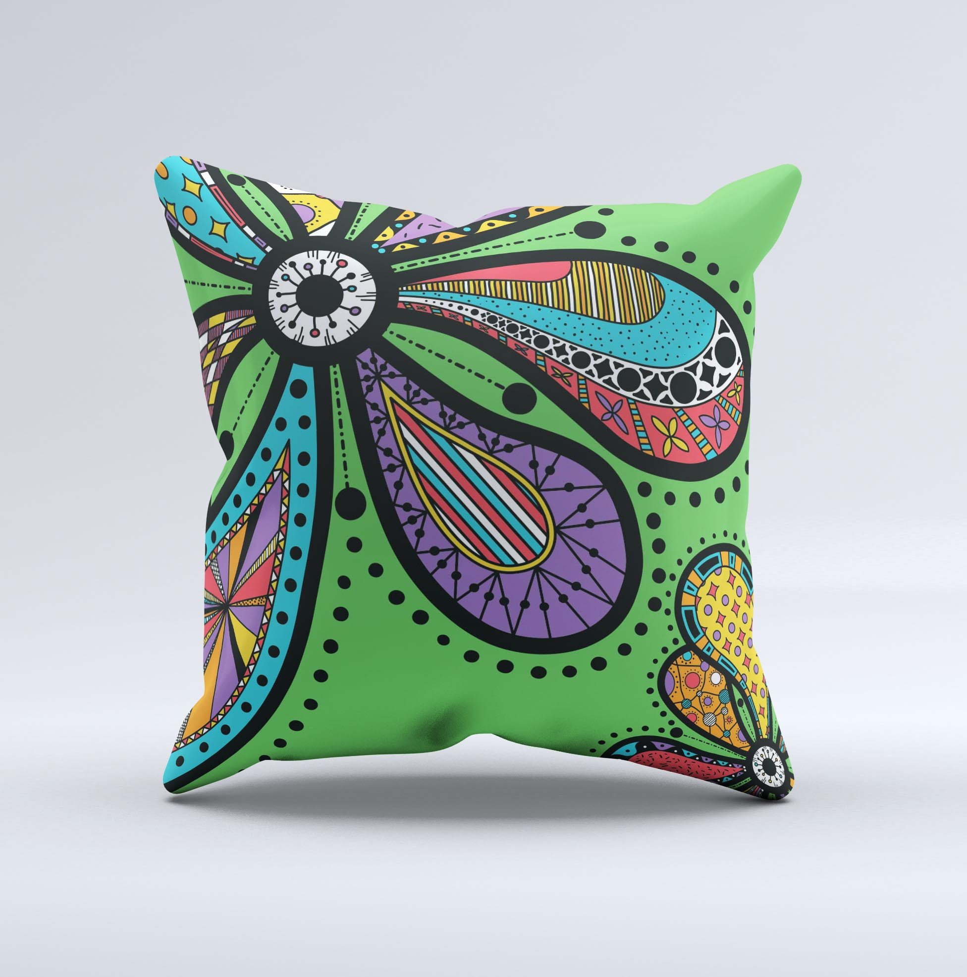 Bold Paisley Flower ink-Fuzed Decorative Throw Pillow showcasing vibrant colors and intricate patterns, handcrafted in Virginia.