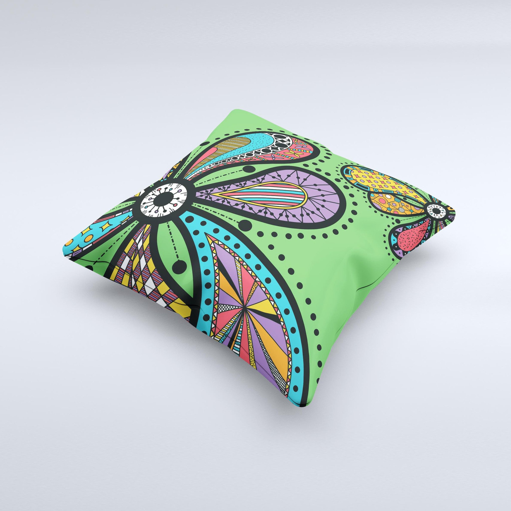 Bold Paisley Flower ink-Fuzed Decorative Throw Pillow showcasing vibrant colors and intricate patterns, handcrafted in Virginia.