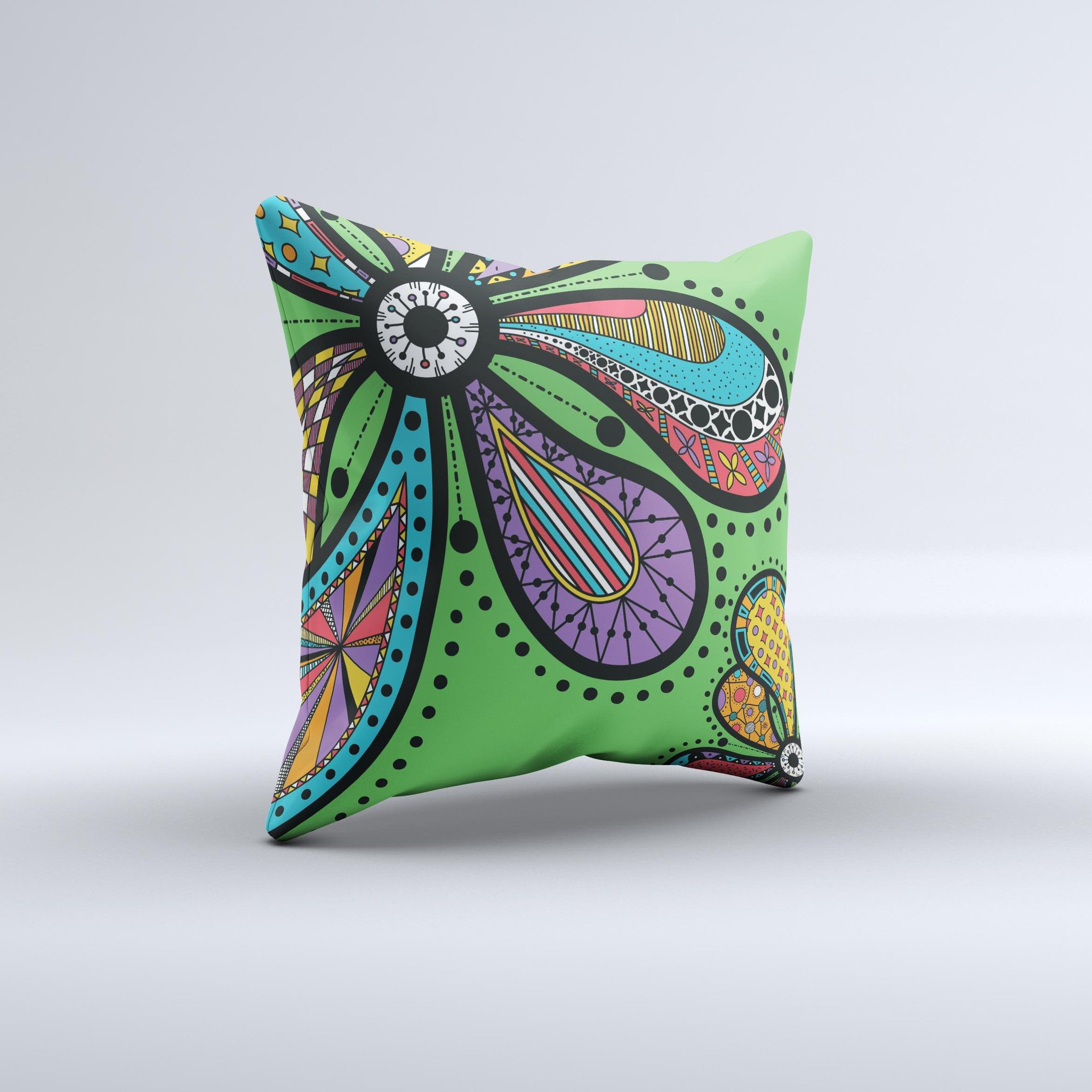 Bold Paisley Flower ink-Fuzed Decorative Throw Pillow showcasing vibrant colors and intricate patterns, handcrafted in Virginia.