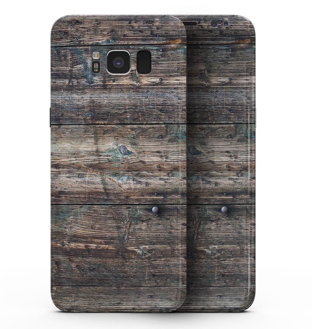 Bolted Horizontal Woodgrain skin kit for Samsung Galaxy S8, showcasing a stylish woodgrain design that fits perfectly on the device.