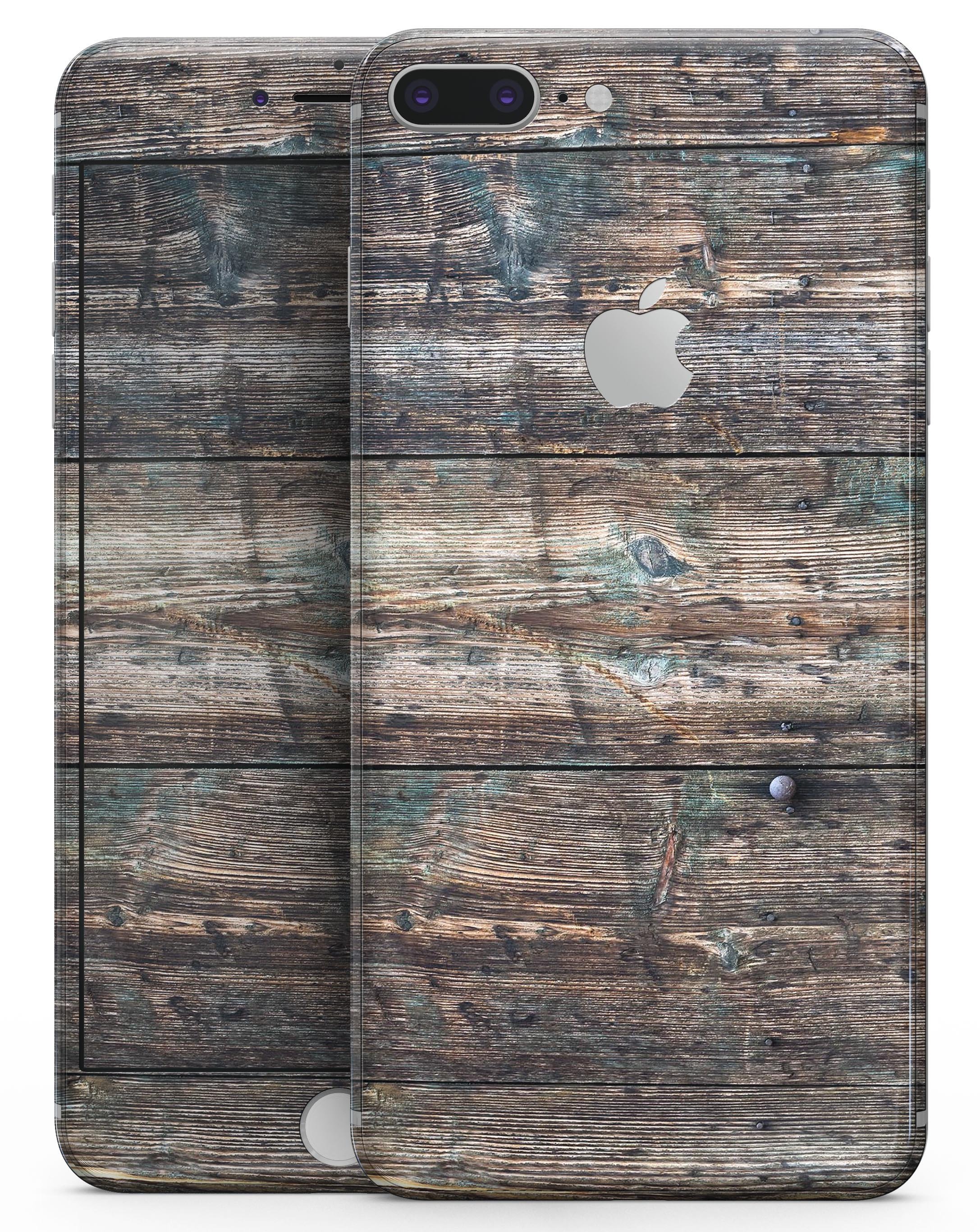 Bolted Horizontal Woodgrain skin kit for iPhone 8 and 8 Plus, showcasing a stylish woodgrain design.