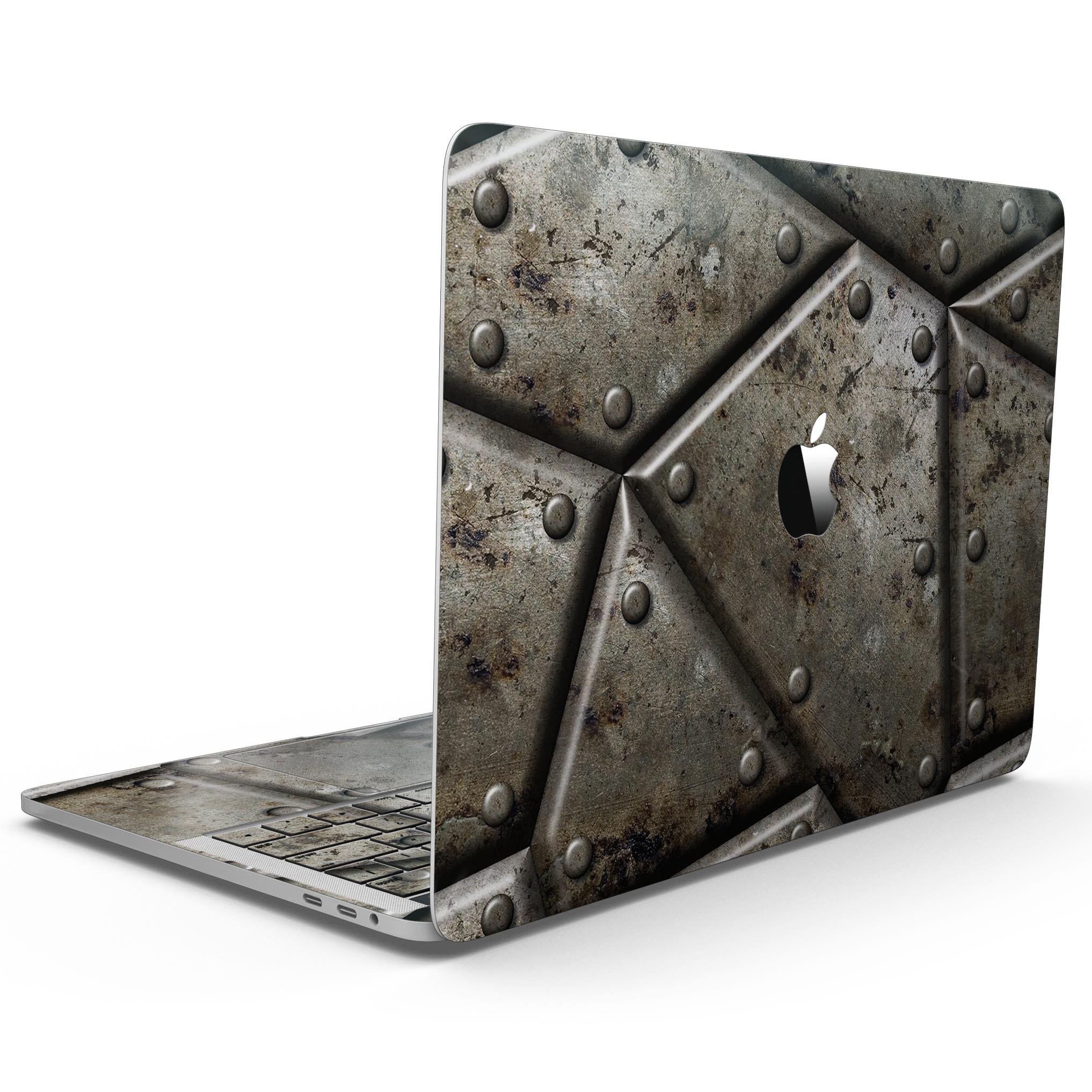 Bolted Steel Plates V2 skin kit for 13" MacBook Pro without Touch Bar, showcasing a sleek design and premium vinyl material.