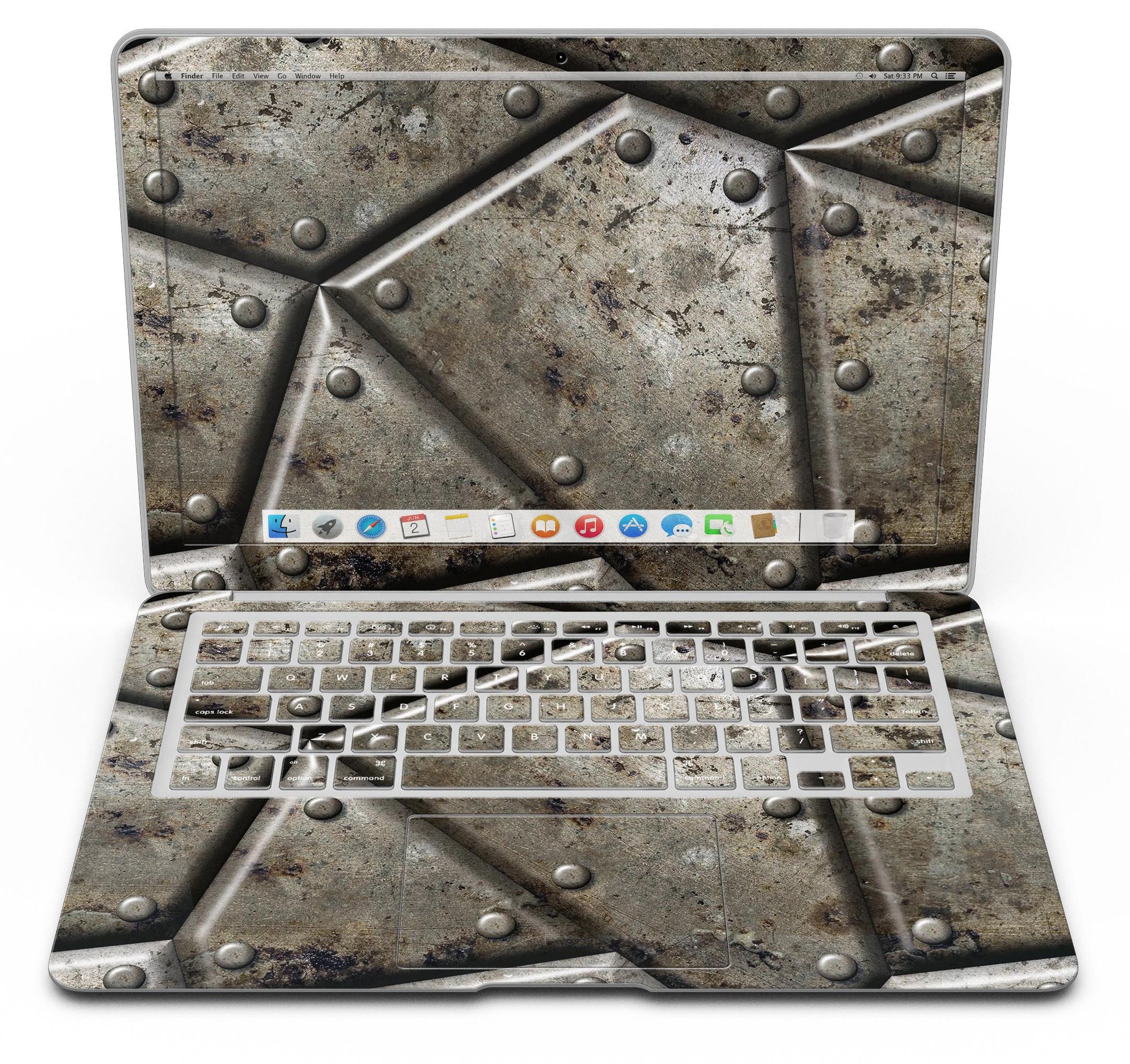 Bolted Steel Plates V2 skin kit for MacBook Air, showcasing a sleek design with a premium vinyl finish.