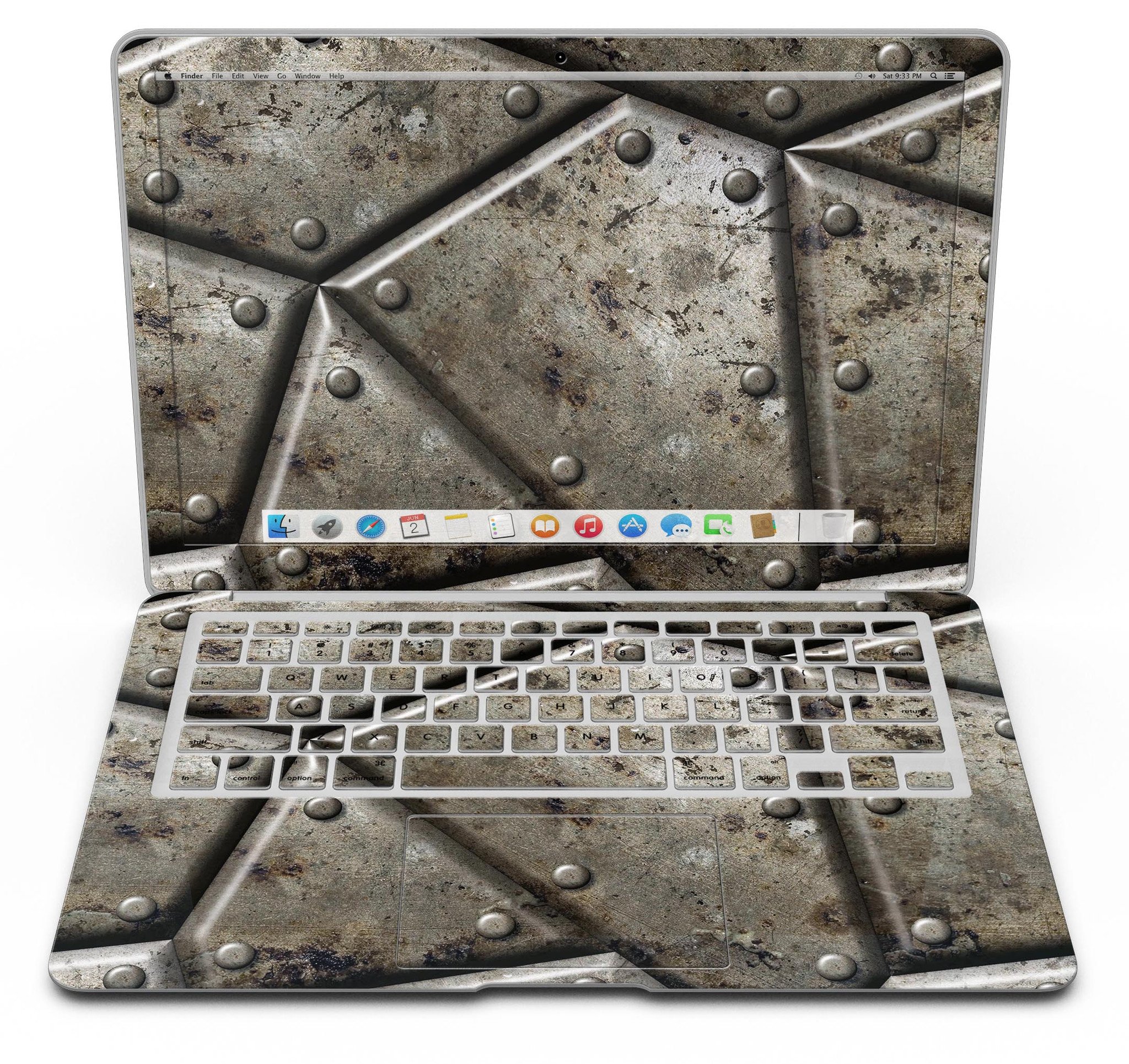 Bolted Steel Plates V2 skin kit for MacBook Air, showcasing a sleek design with a premium vinyl finish.