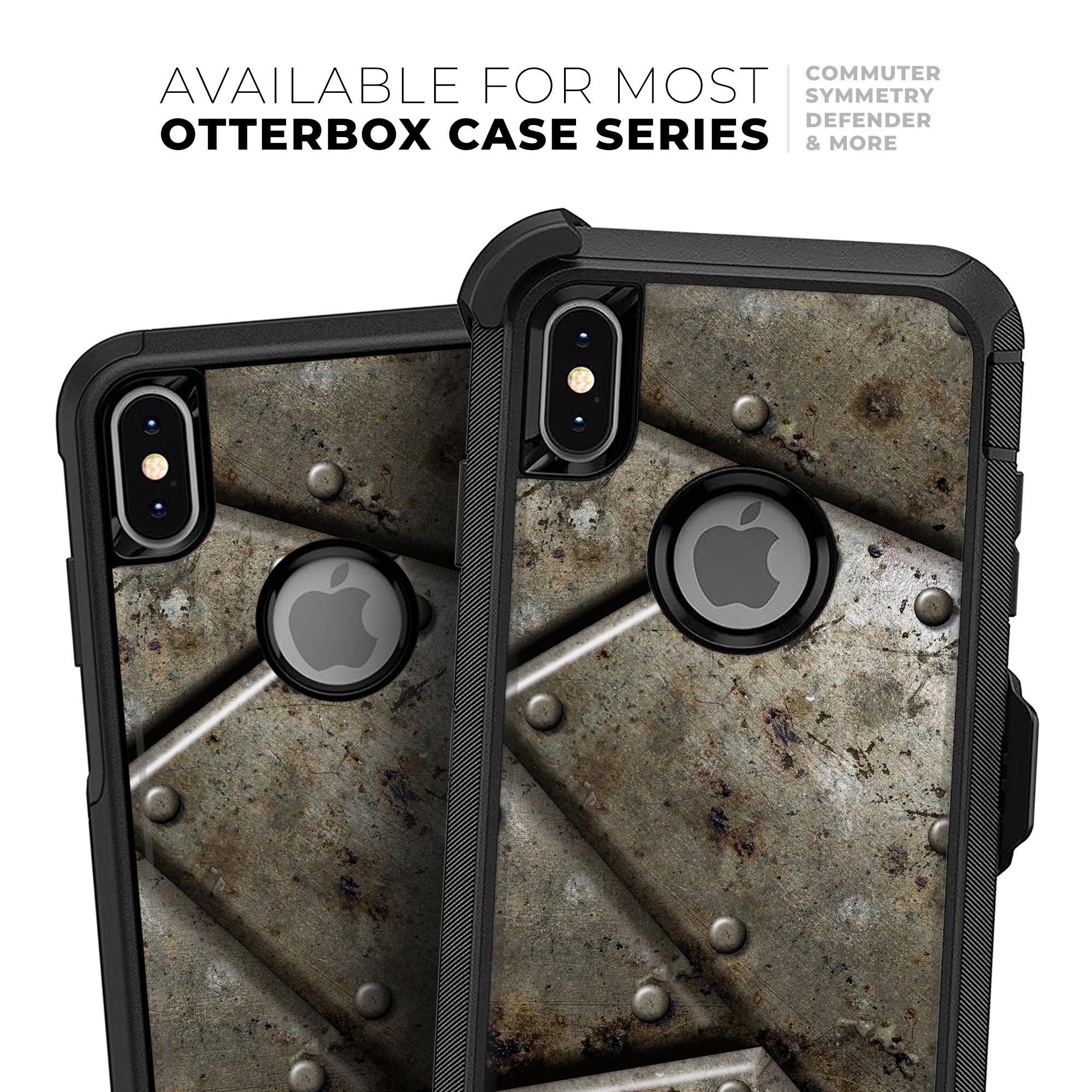 Bolted Steel Plates V2 Skin Kit for iPhone OtterBox Cases, showcasing its sleek design and premium materials.