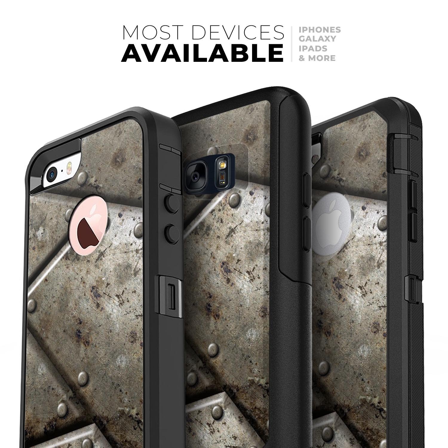 Bolted Steel Plates V2 Skin Kit for iPhone OtterBox Cases, showcasing its sleek design and premium materials.