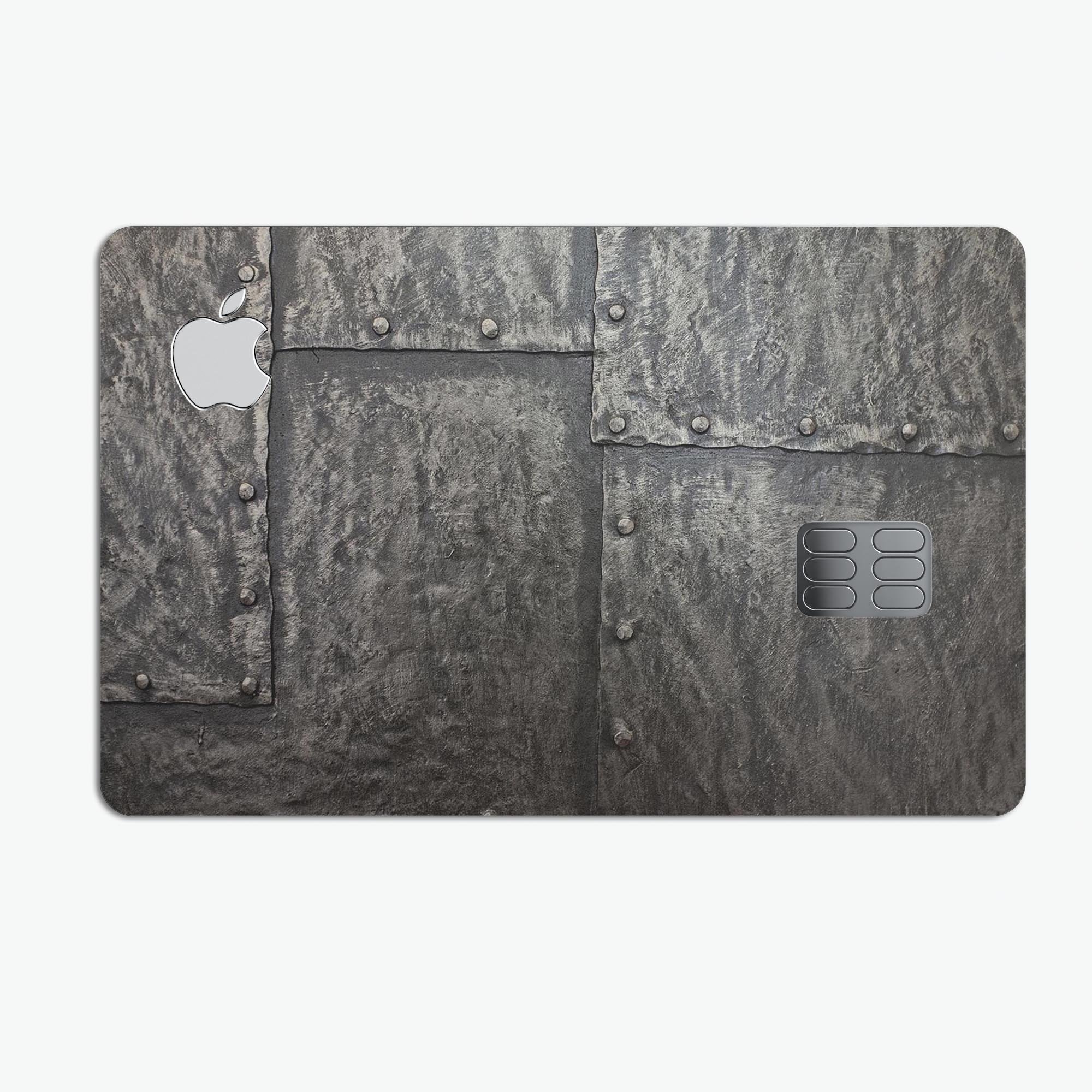 Bolted Steel Plates skin kit for Apple Card, showcasing premium vinyl design with ultra-gloss and soft-matte finish options.