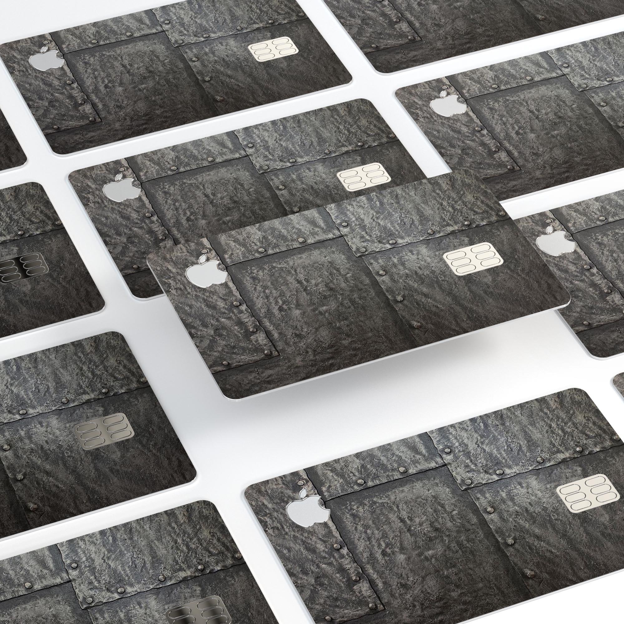 Bolted Steel Plates skin kit for Apple Card, showcasing premium vinyl design with ultra-gloss and soft-matte finish options.